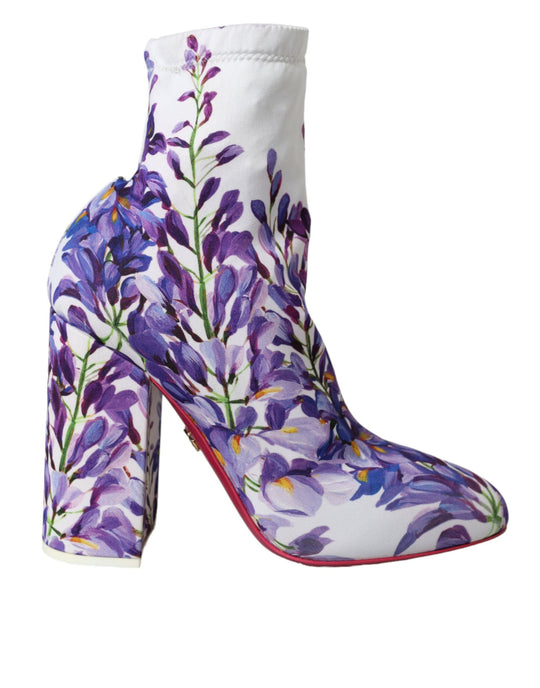 Dolce & Gabbana White Floral Jersey Stretch Boots Shoes