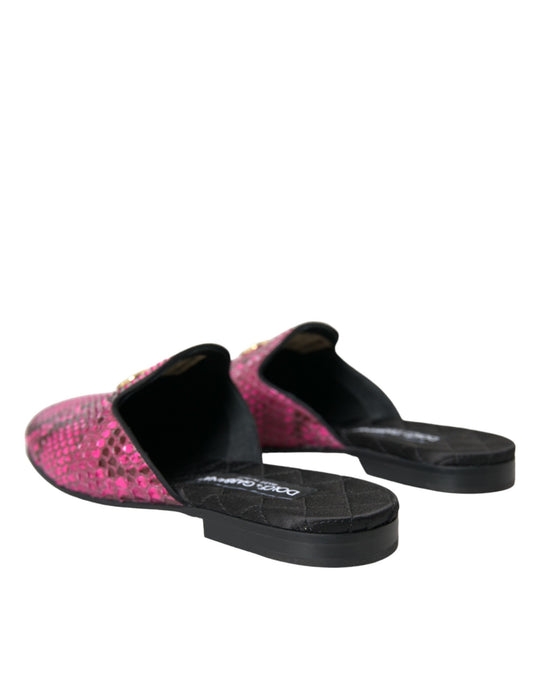 Dolce & Gabbana Fuchsia Python Logo Mule Flat Sandals Shoes