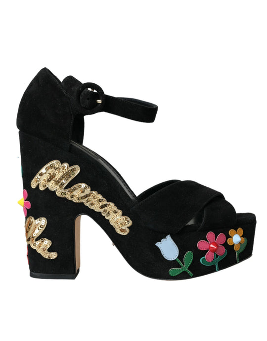 Dolce & Gabbana Black Floral Ankle Strap Heels Sandals Shoes