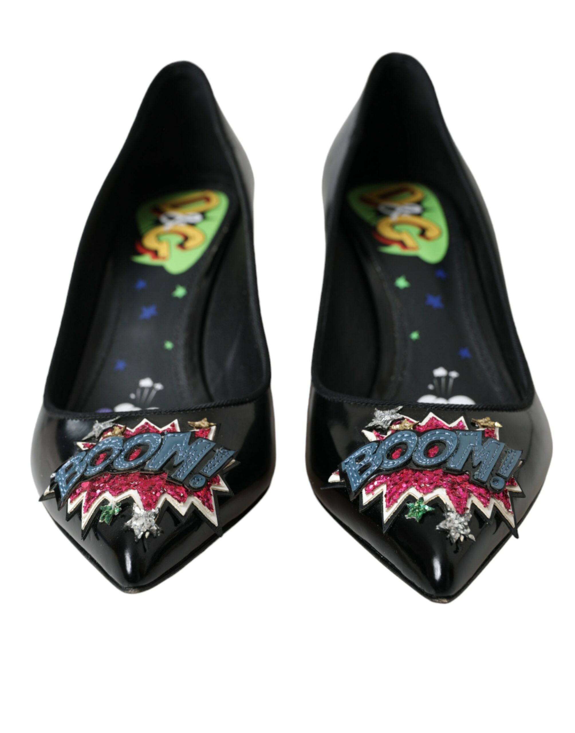 Dolce & Gabbana Black Leather BOOM Patch Heels Pumps Shoes - ACCEXO