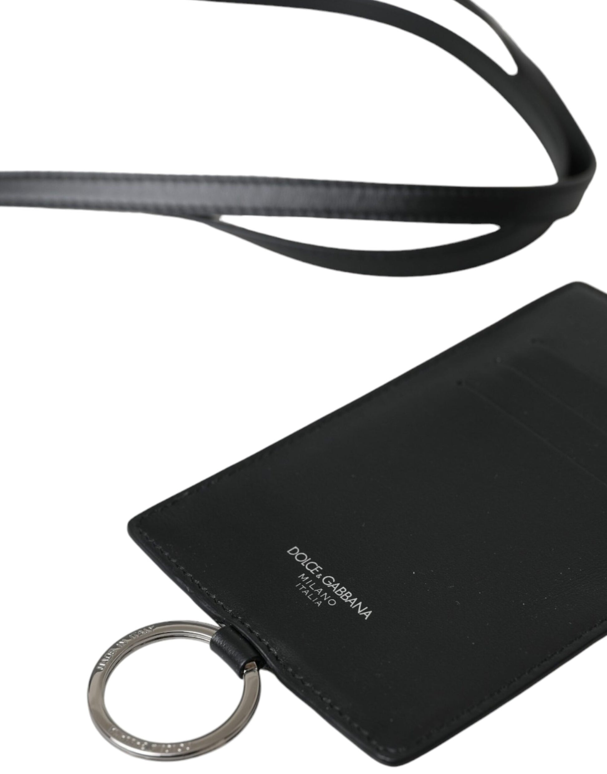 Dolce & Gabbana Black Calf Leather Lanyard Logo Card Holder Men Wallet - ACCEXO