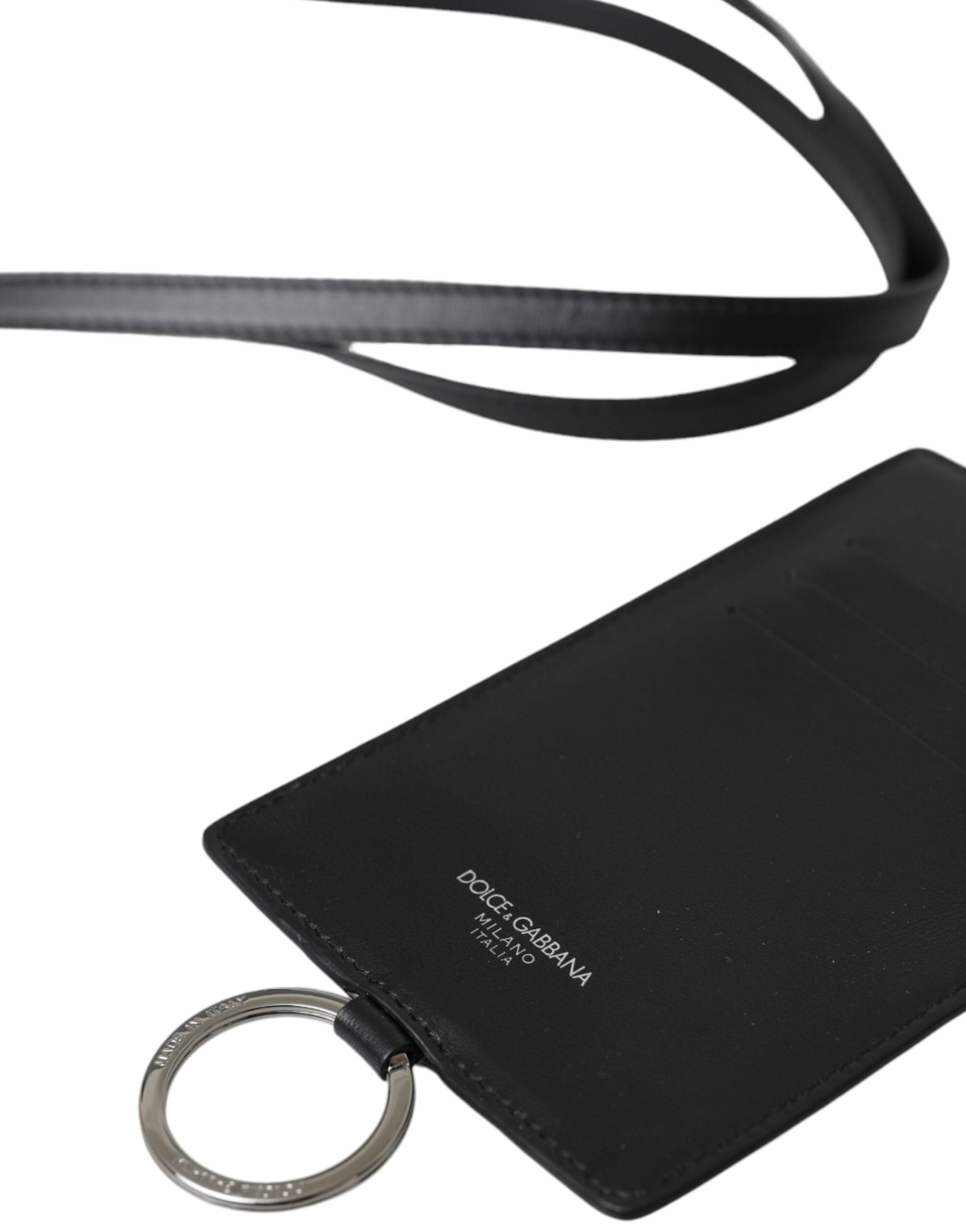 Dolce & Gabbana Black Calf Leather Lanyard Logo Card Holder Men Wallet - ACCEXO