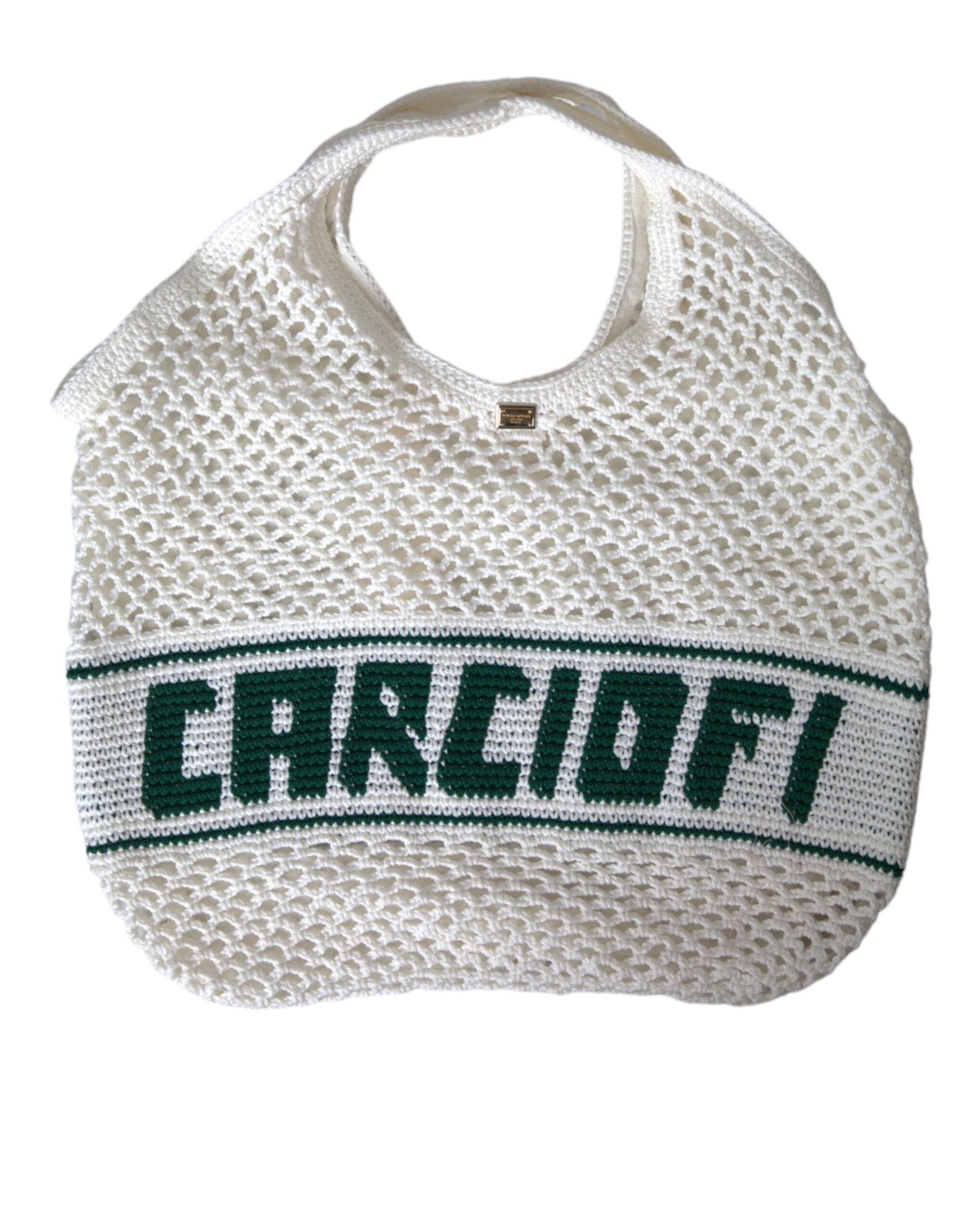 Dolce & Gabbana White Green Knitted Cotton Logo Shopping Tote Bag - ACCEXO