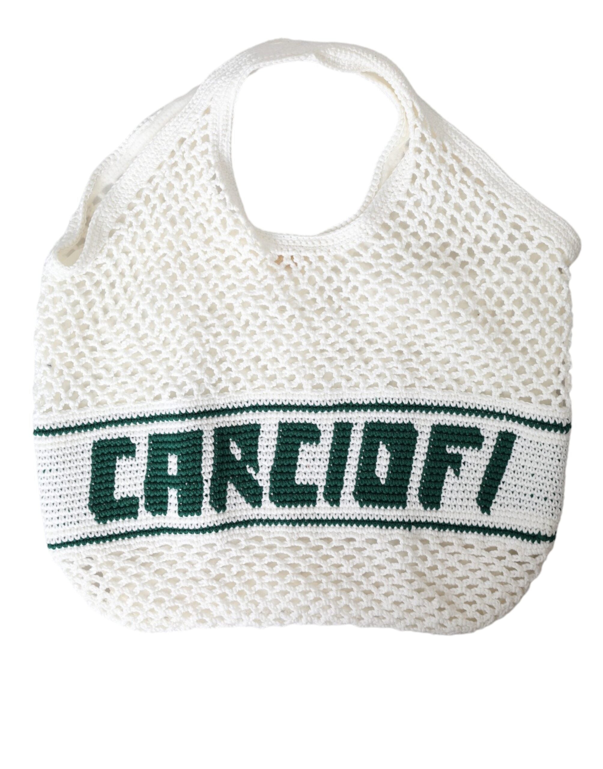 Dolce & Gabbana White Green Knitted Cotton Logo Shopping Tote Bag - ACCEXO