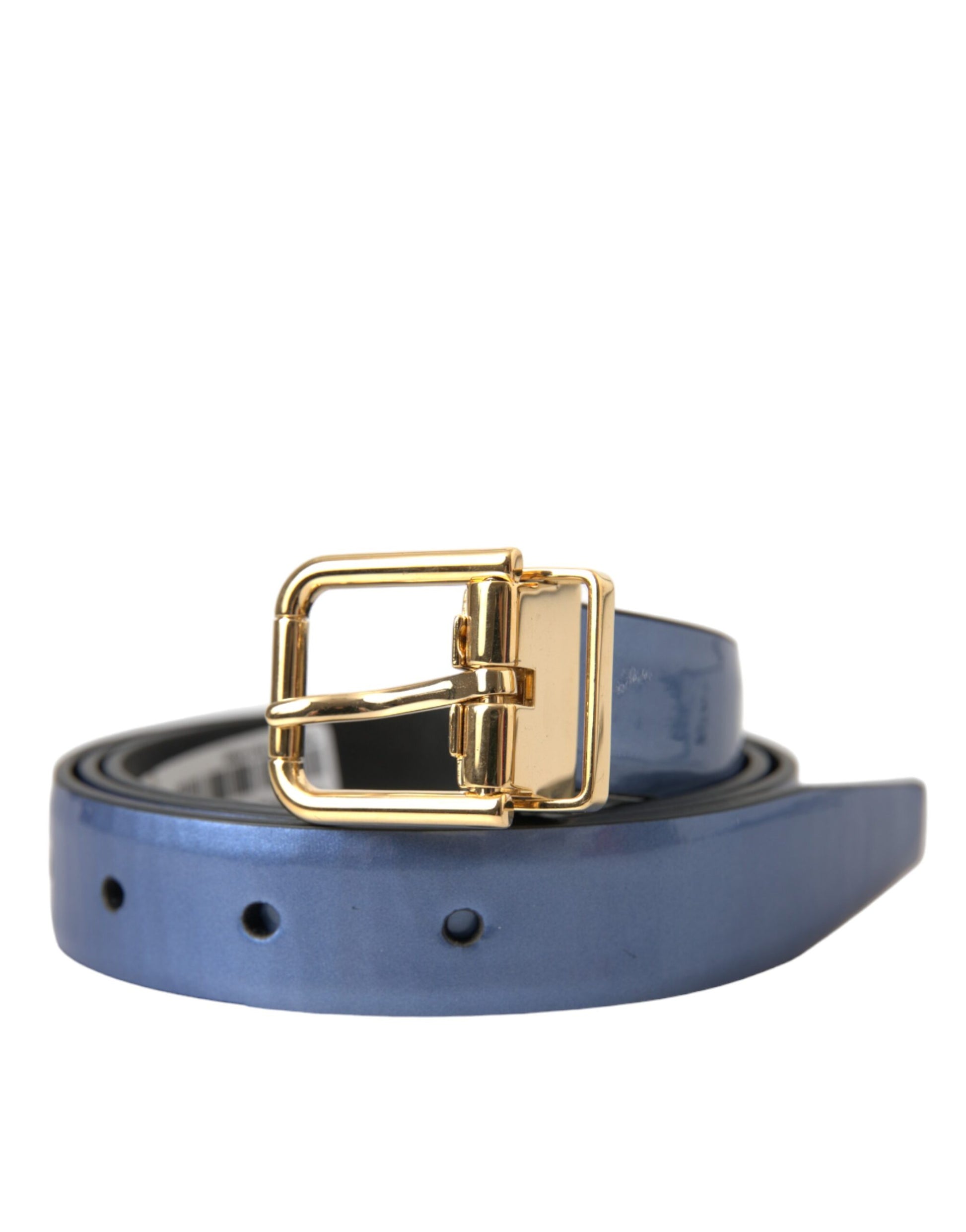 Dolce & Gabbana Metallic Blue Leather Gold Metal Buckle Belt - ACCEXO