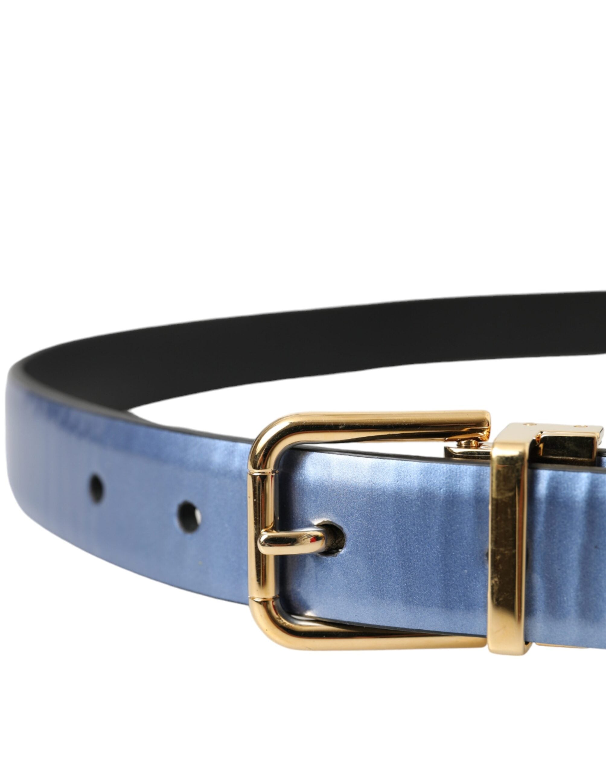 Dolce & Gabbana Metallic Blue Leather Gold Metal Buckle Belt - ACCEXO