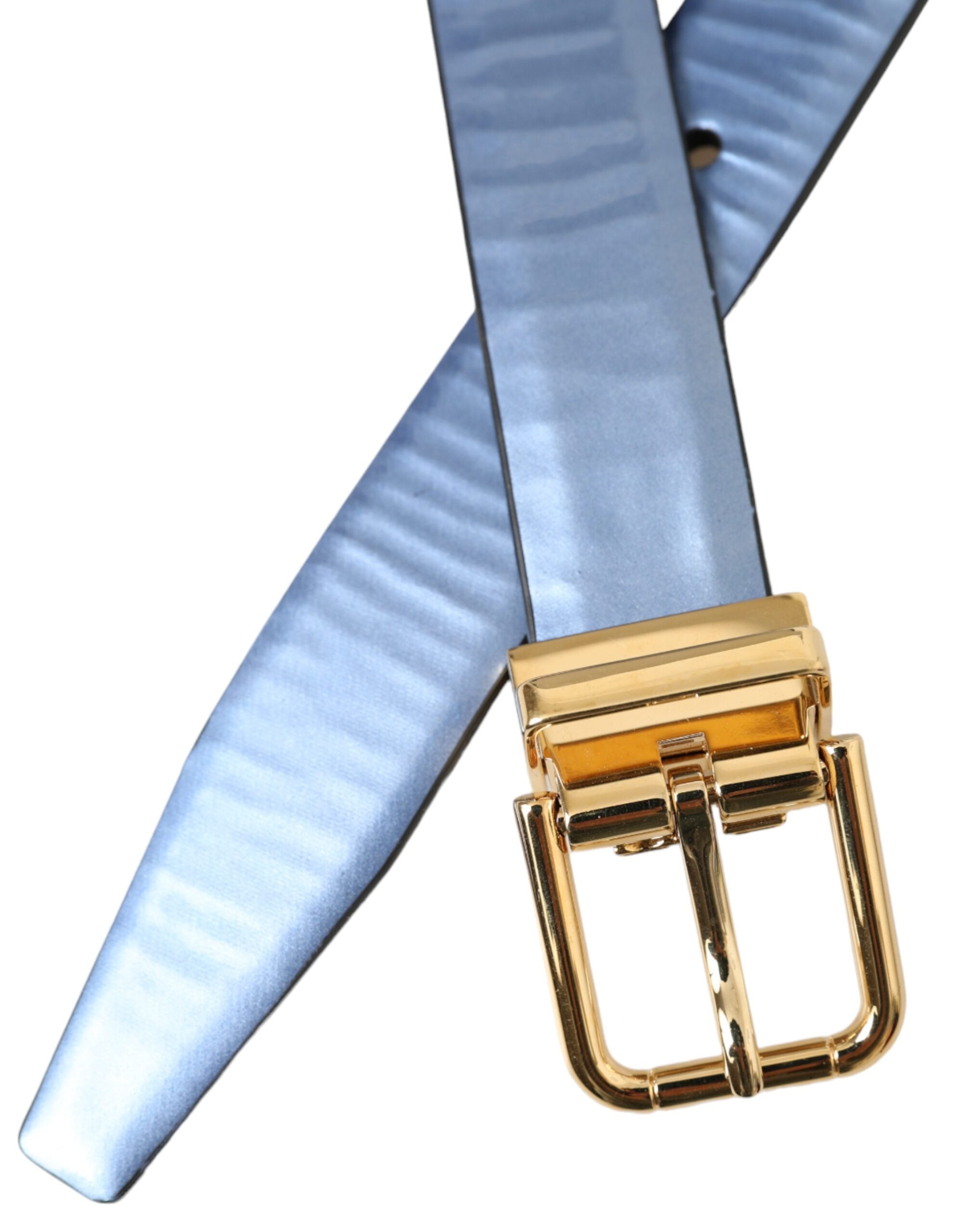Dolce & Gabbana Metallic Blue Leather Gold Metal Buckle Belt - ACCEXO
