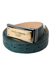 Dolce & Gabbana Green Leather Gold Logo Engraved Buckle Belt - ACCEXO