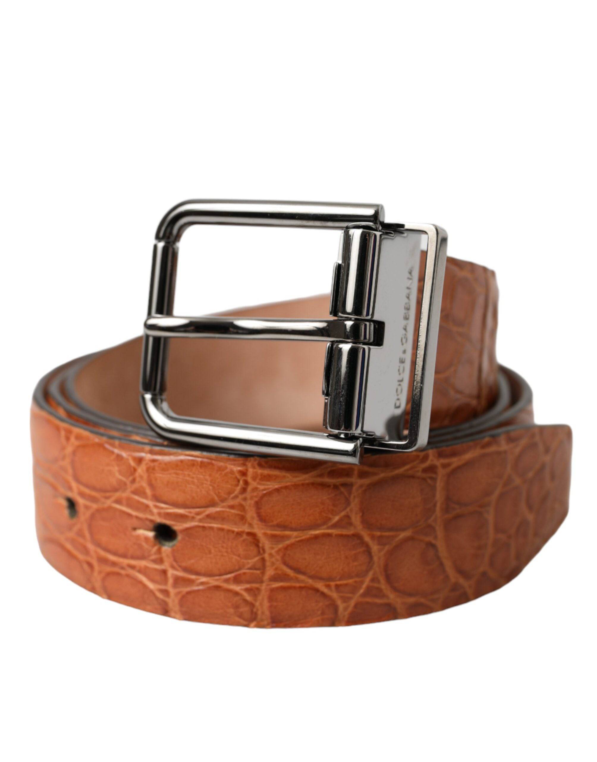 Dolce & Gabbana Brown Exotic Leather Silver Metal Buckle Belt - ACCEXO