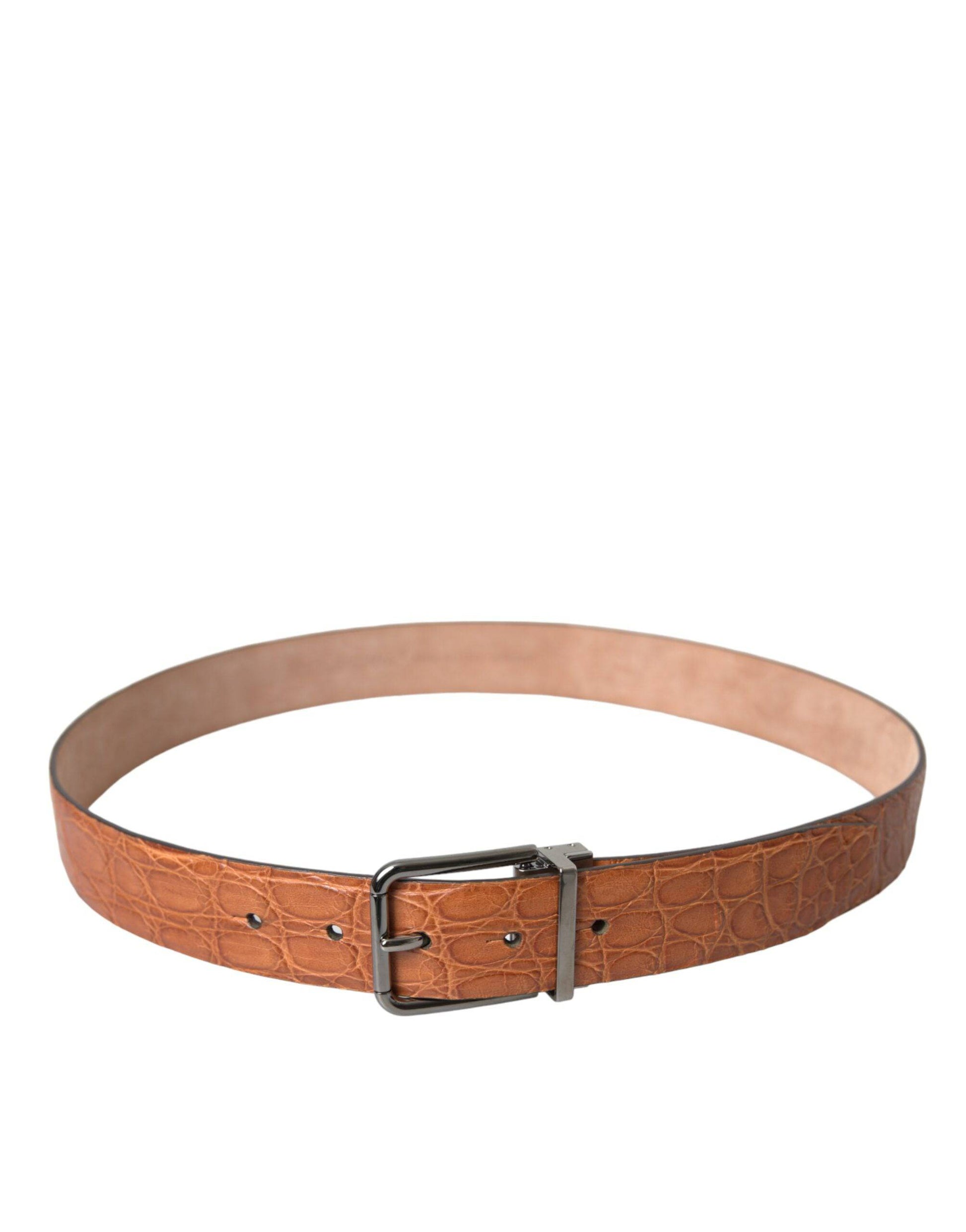 Dolce & Gabbana Brown Exotic Leather Silver Metal Buckle Belt - ACCEXO