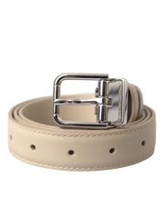 Dolce & Gabbana Beige Calfskin Leather Silver Metal Buckle Belt - ACCEXO