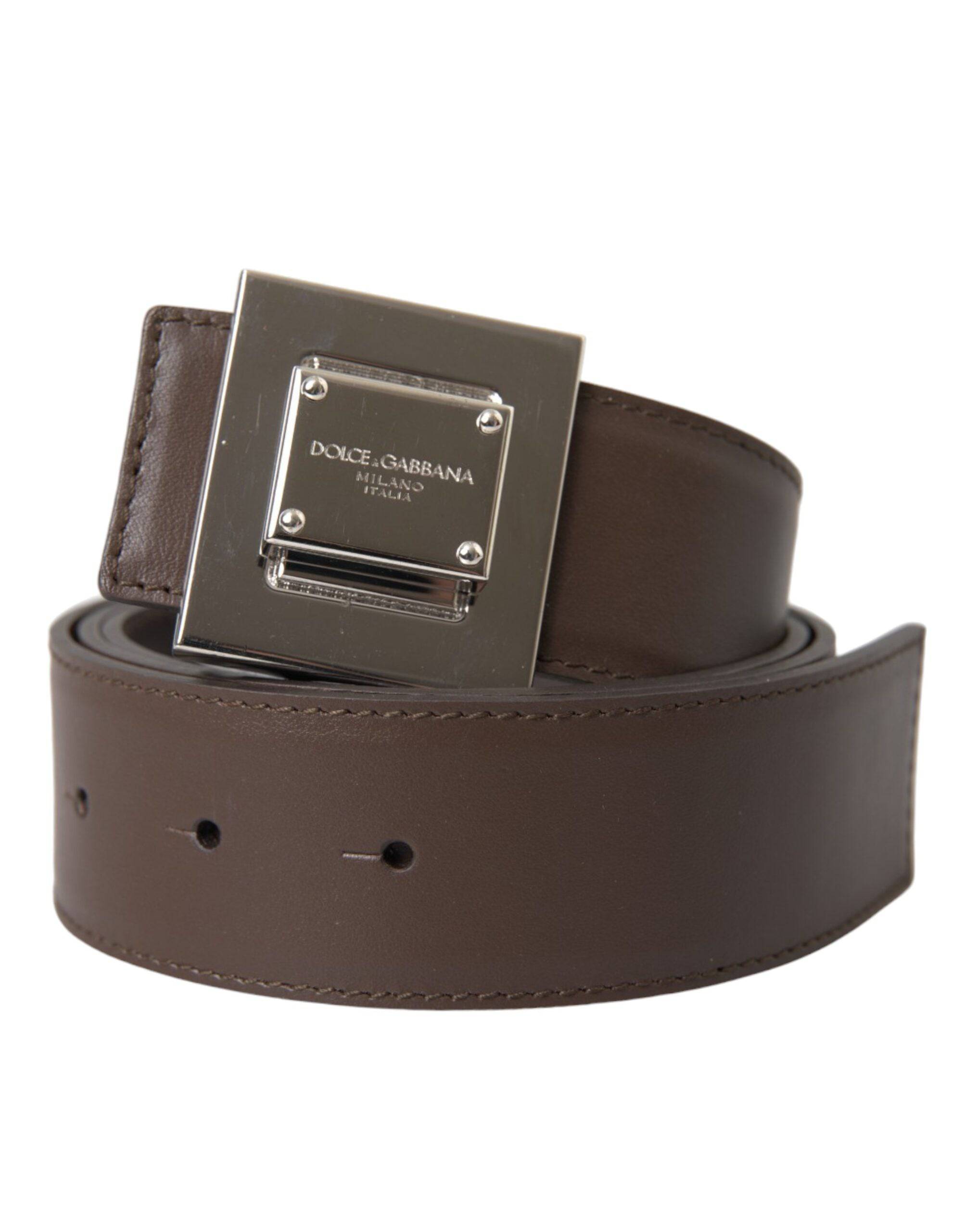 Dolce & Gabbana Brown Calf Leather Square Metal Buckle Belt - ACCEXO