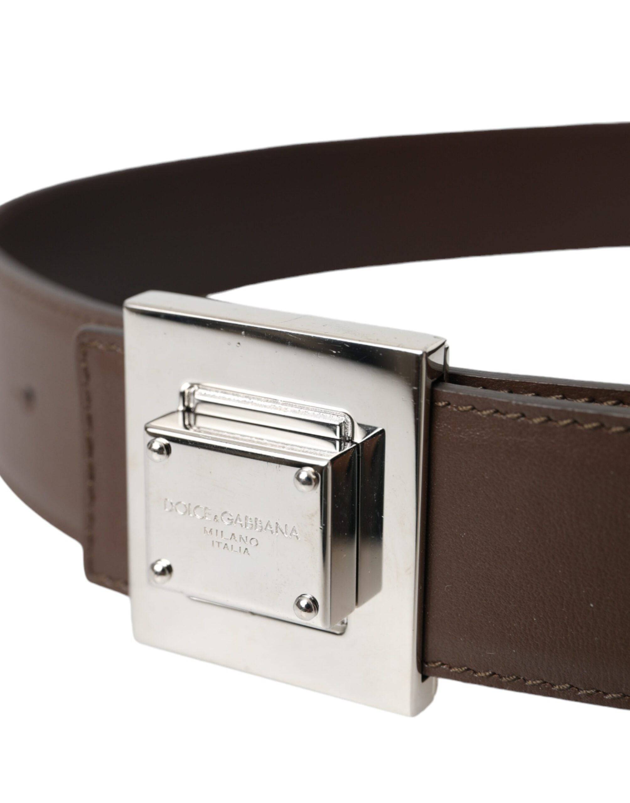 Dolce & Gabbana Brown Calf Leather Square Metal Buckle Belt - ACCEXO