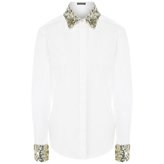 Dolce & Gabbana White Cotton Women Shirt with Sequin Accents