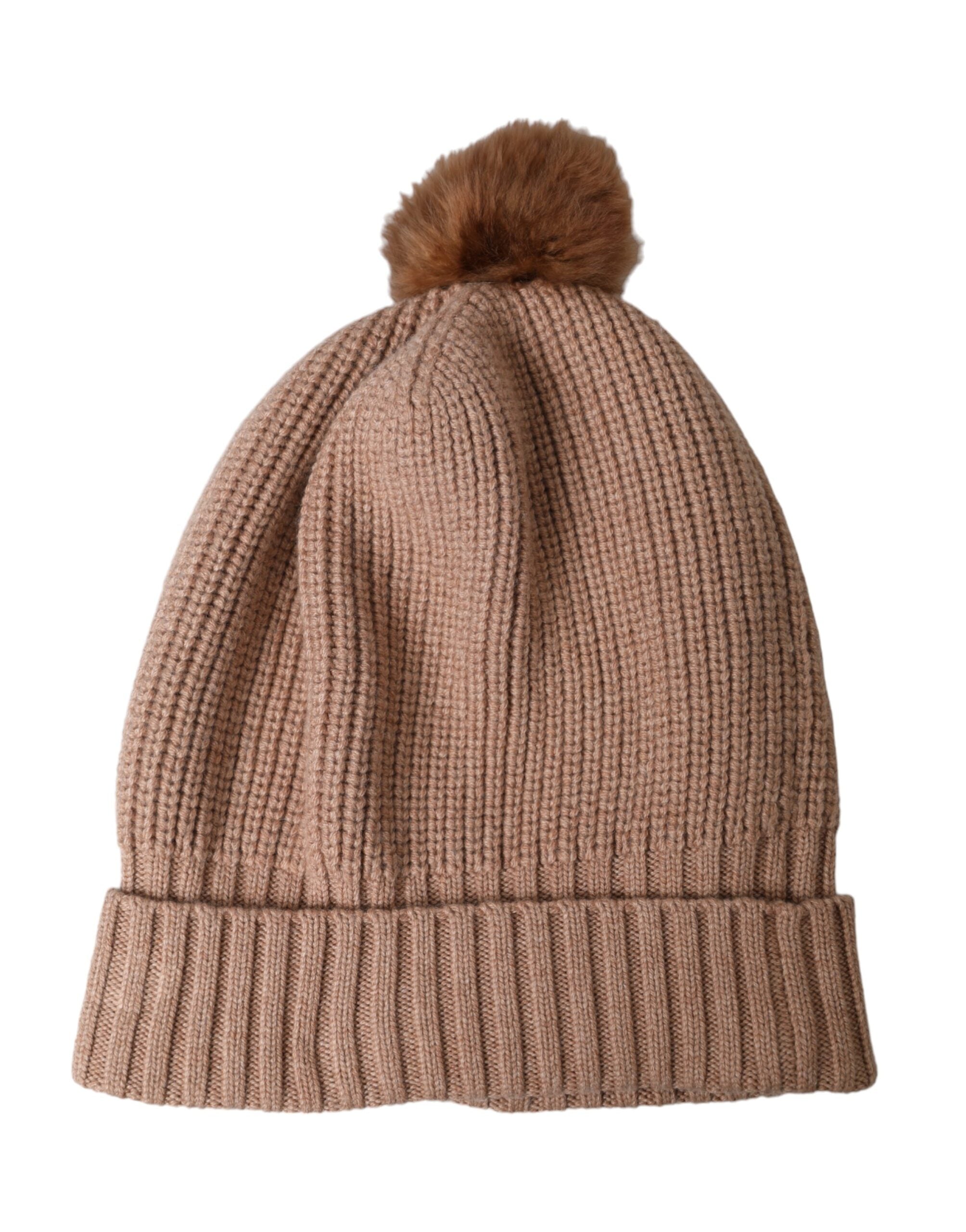 Dolce & Gabbana Brown Solid Knitted Fur Ball Winter Beanie Hat - ACCEXO