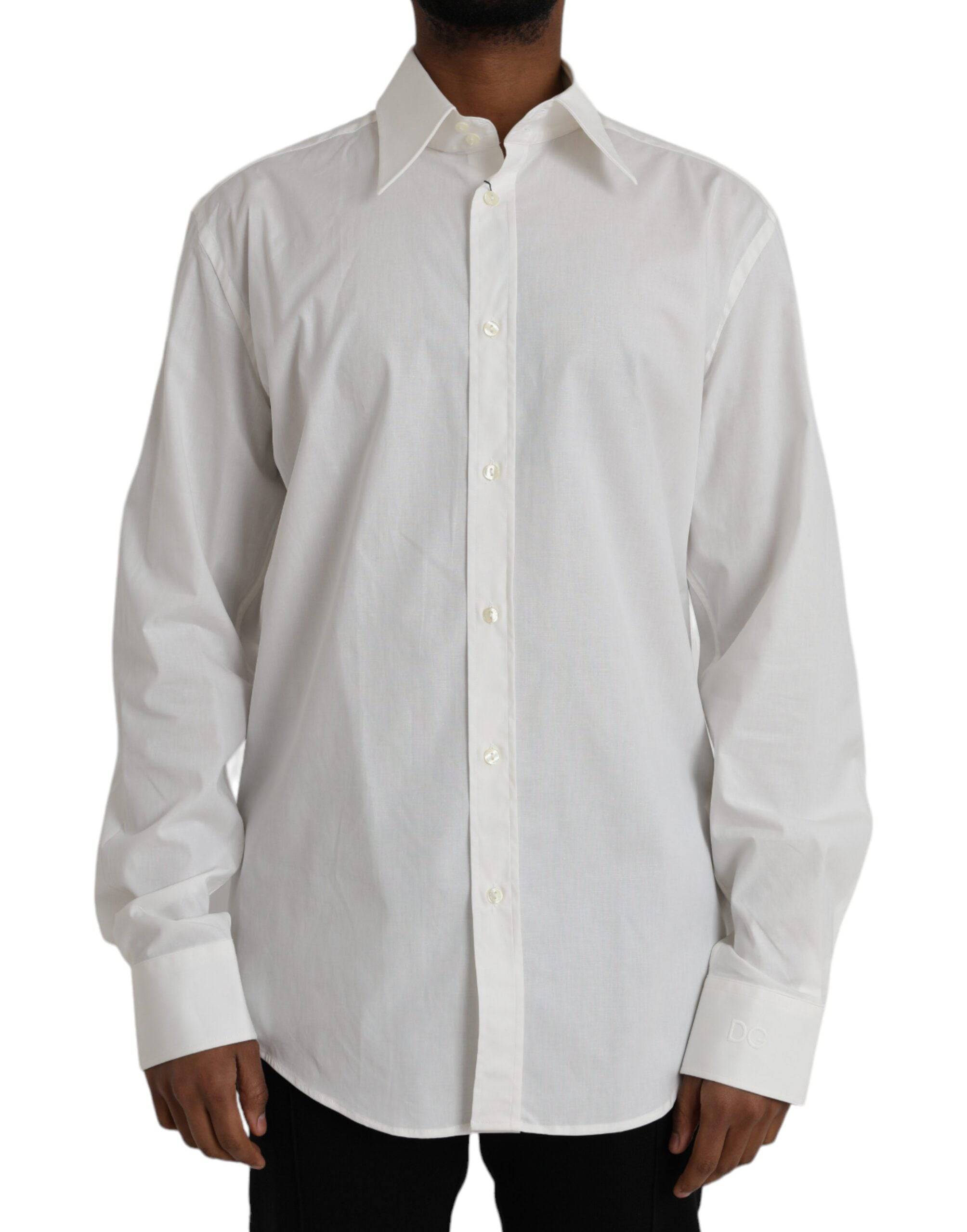 Dolce & Gabbana White Cotton Dress Slim Fit GOLD Shirt - ACCEXO