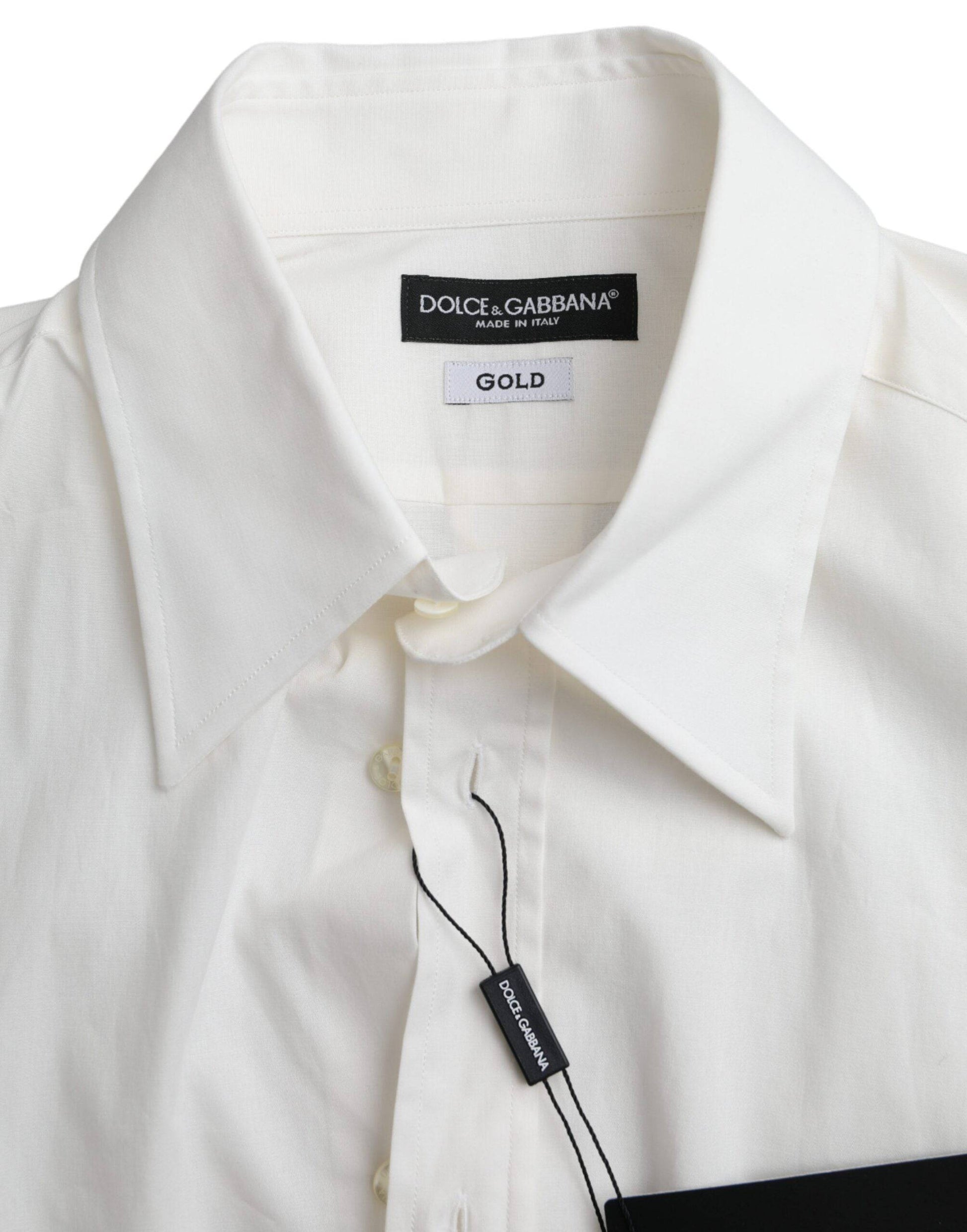 Dolce & Gabbana White Cotton Dress Slim Fit GOLD Shirt - ACCEXO
