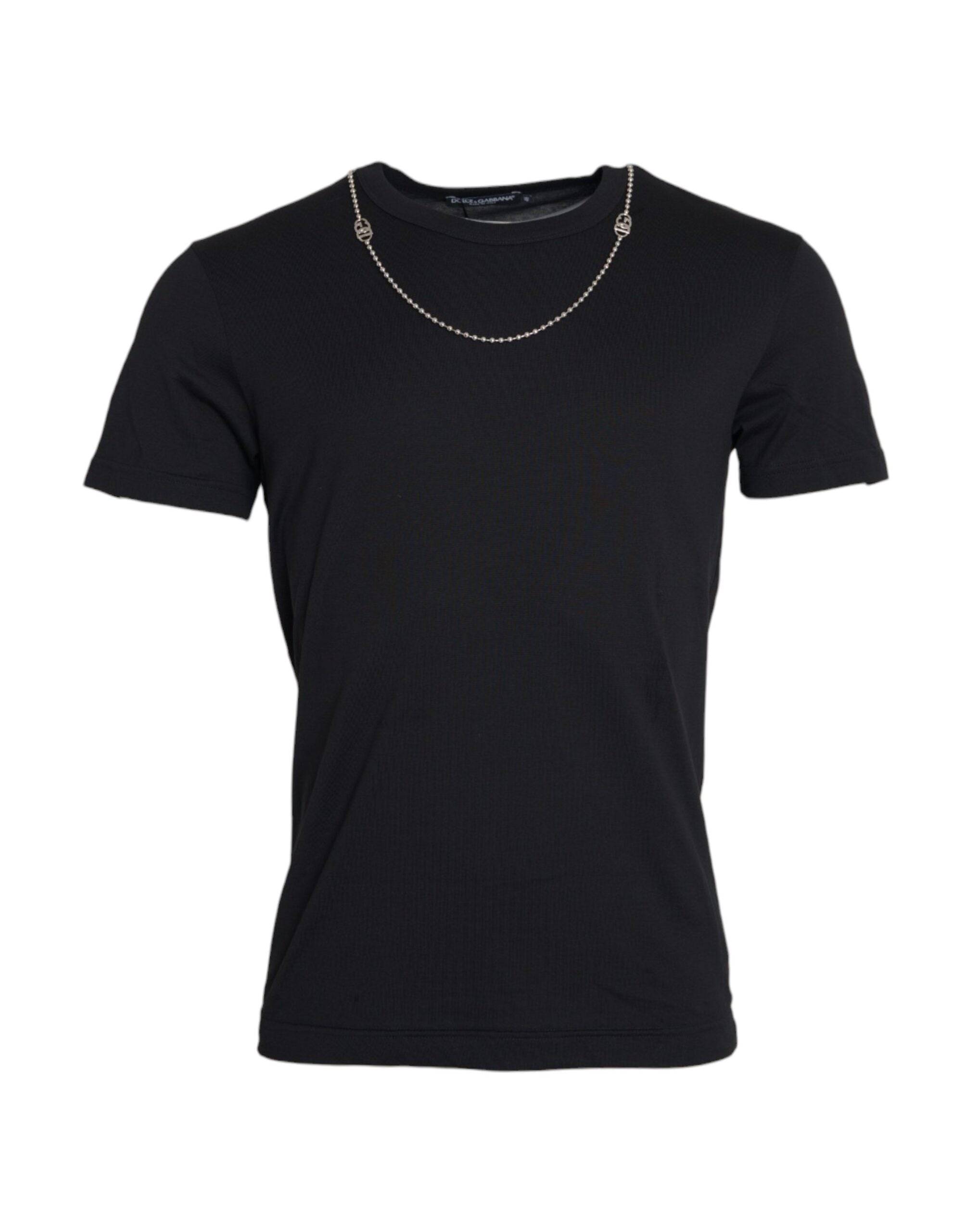 Dolce & Gabbana Black Cotton Silver Chain Short Sleeve T-shirt - ACCEXO