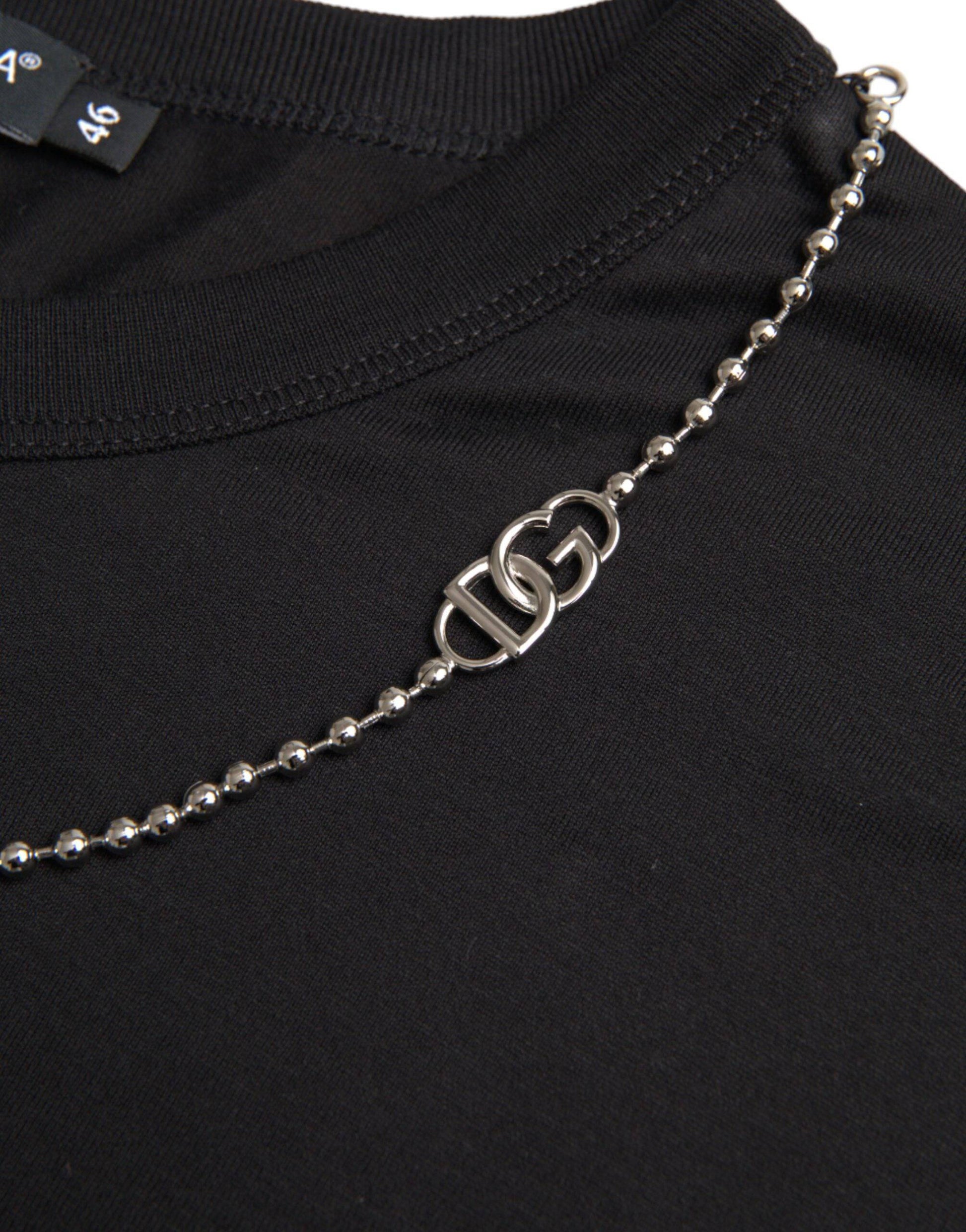 Dolce & Gabbana Black Cotton Silver Chain Short Sleeve T-shirt - ACCEXO
