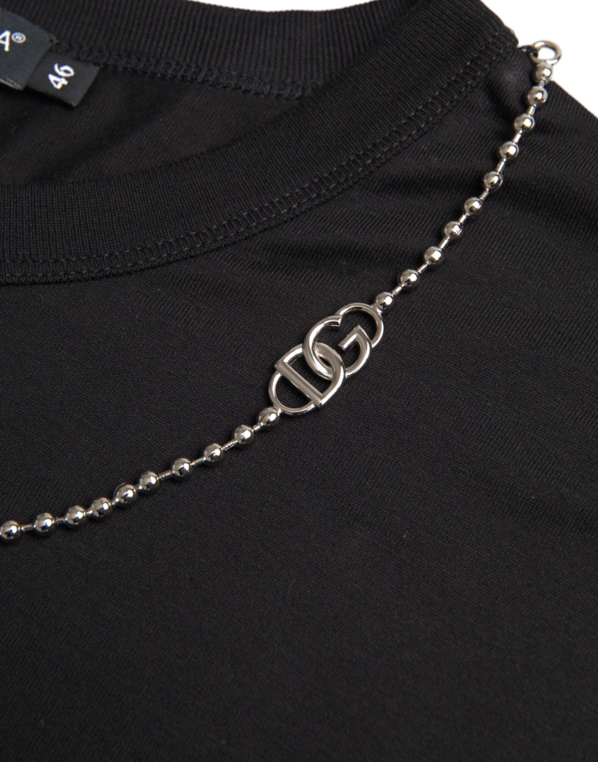 Dolce & Gabbana Black Cotton Silver Chain Short Sleeve T-shirt - ACCEXO