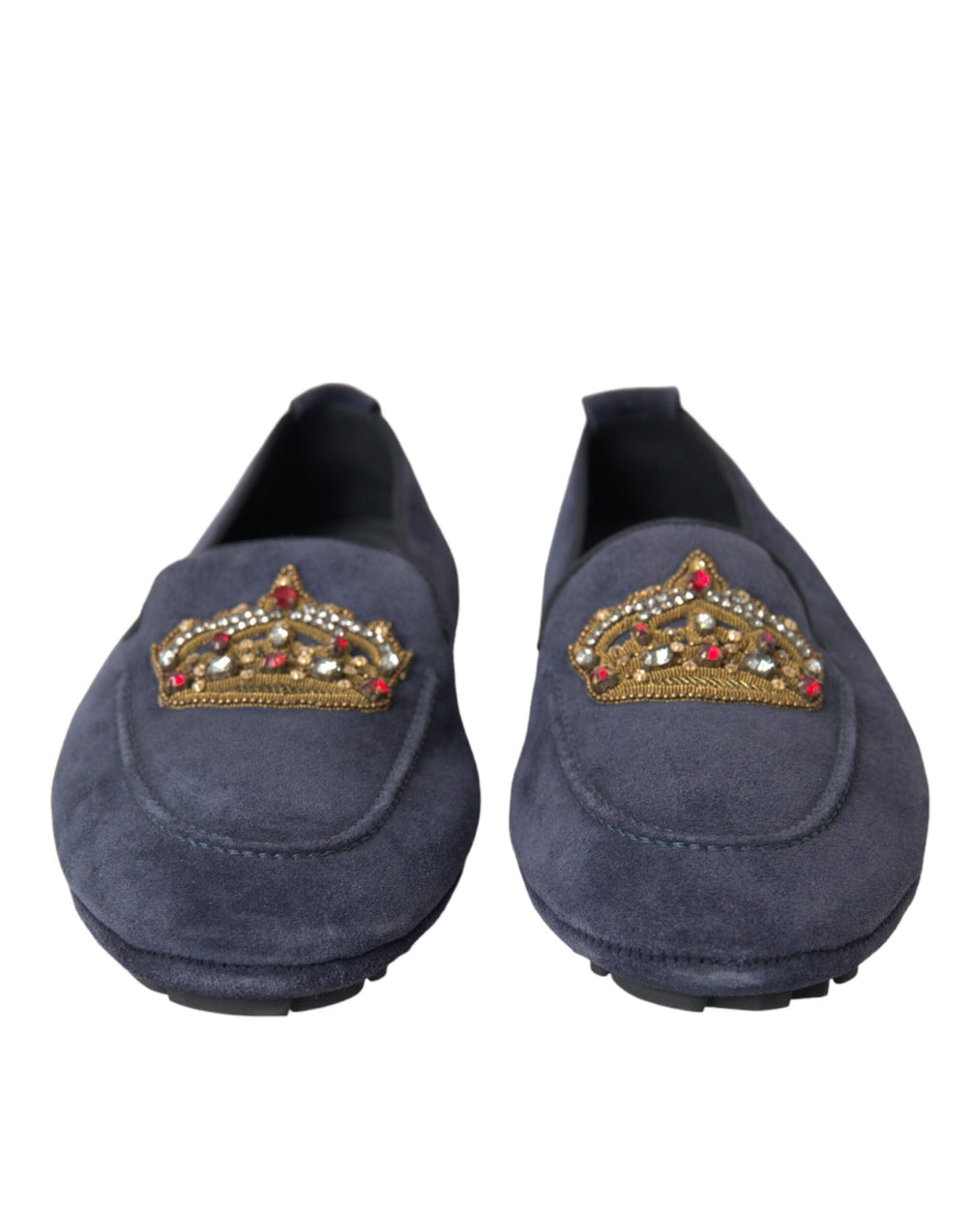 Dolce & Gabbana Blue Leather Suede Crystal Crown Loafers Shoes - ACCEXO