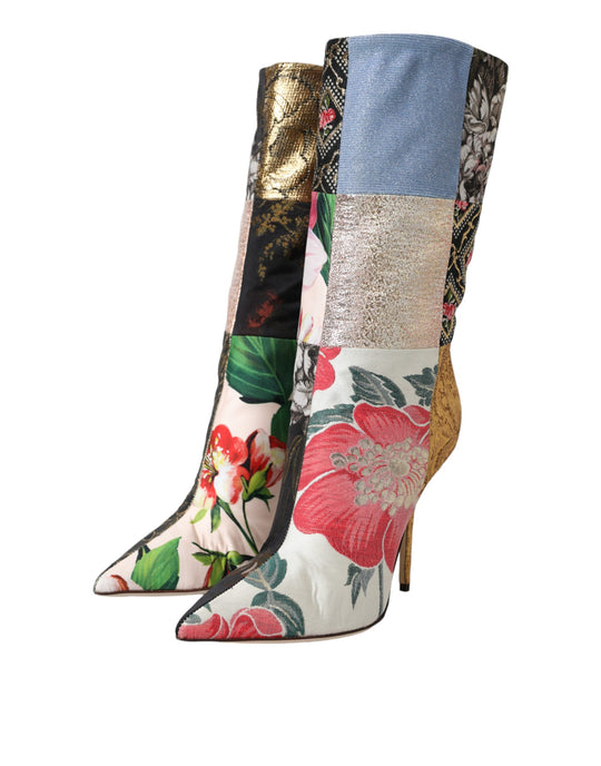 Dolce & Gabbana Multicolor Patchwork Print Heeled Boots Shoes