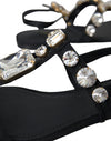 Dolce & Gabbana Black Leather Crystal Flats Sandals Shoes