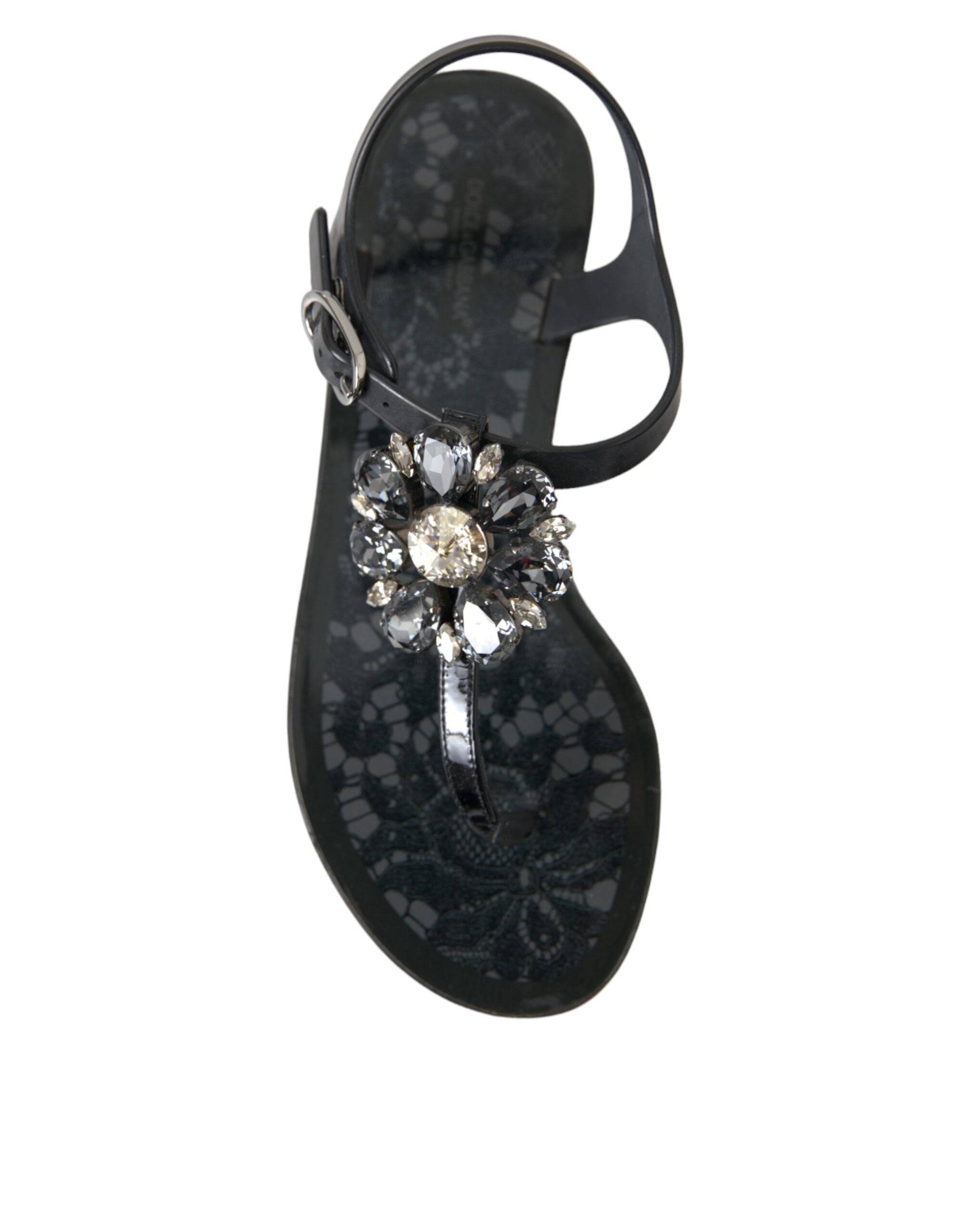 Dolce & Gabbana Black Crystal Flats Sandals Flip Flops Shoes - ACCEXO