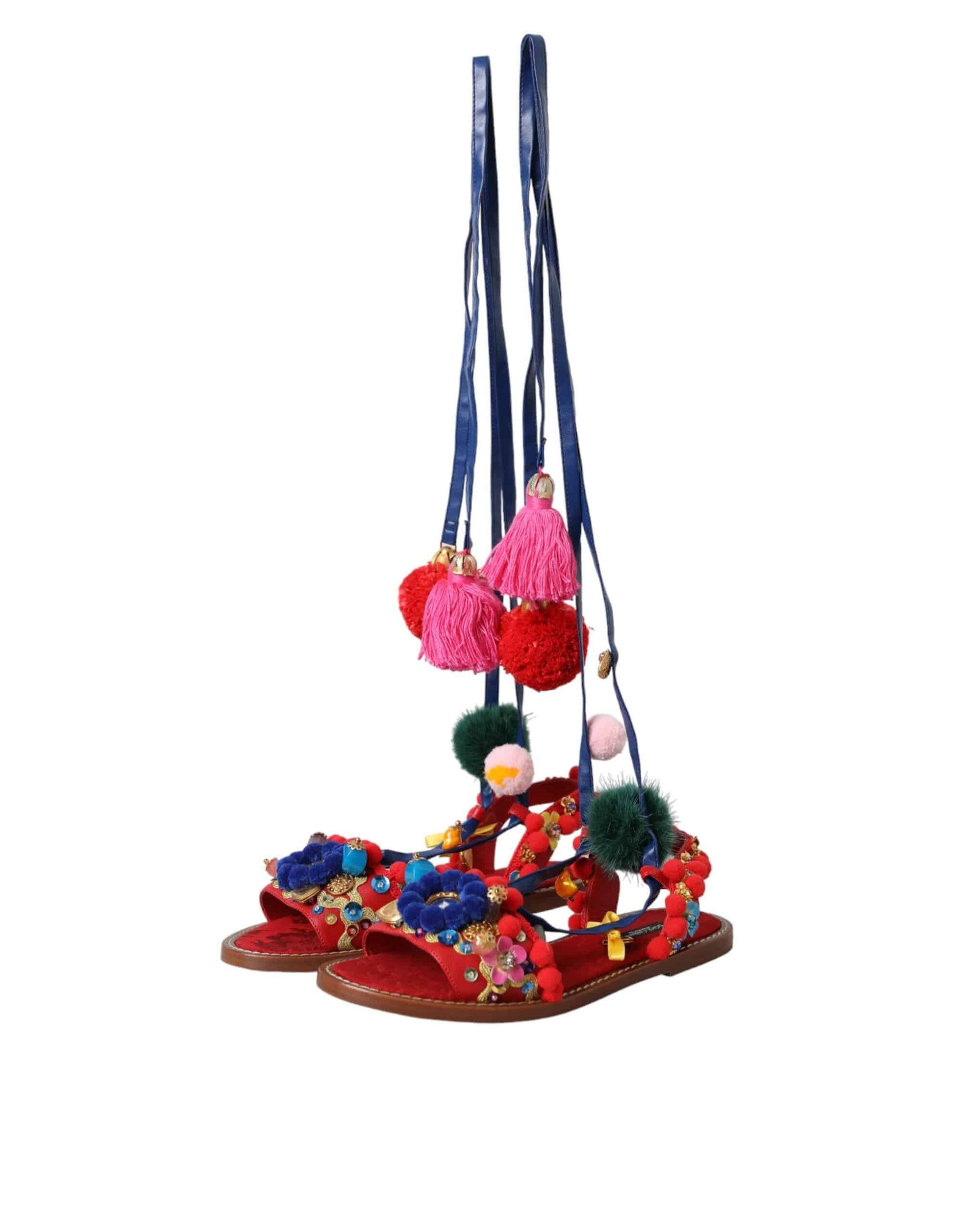 Dolce & Gabbana Multicolor Pom Pom Fur Wrap Sandals Shoes - ACCEXO