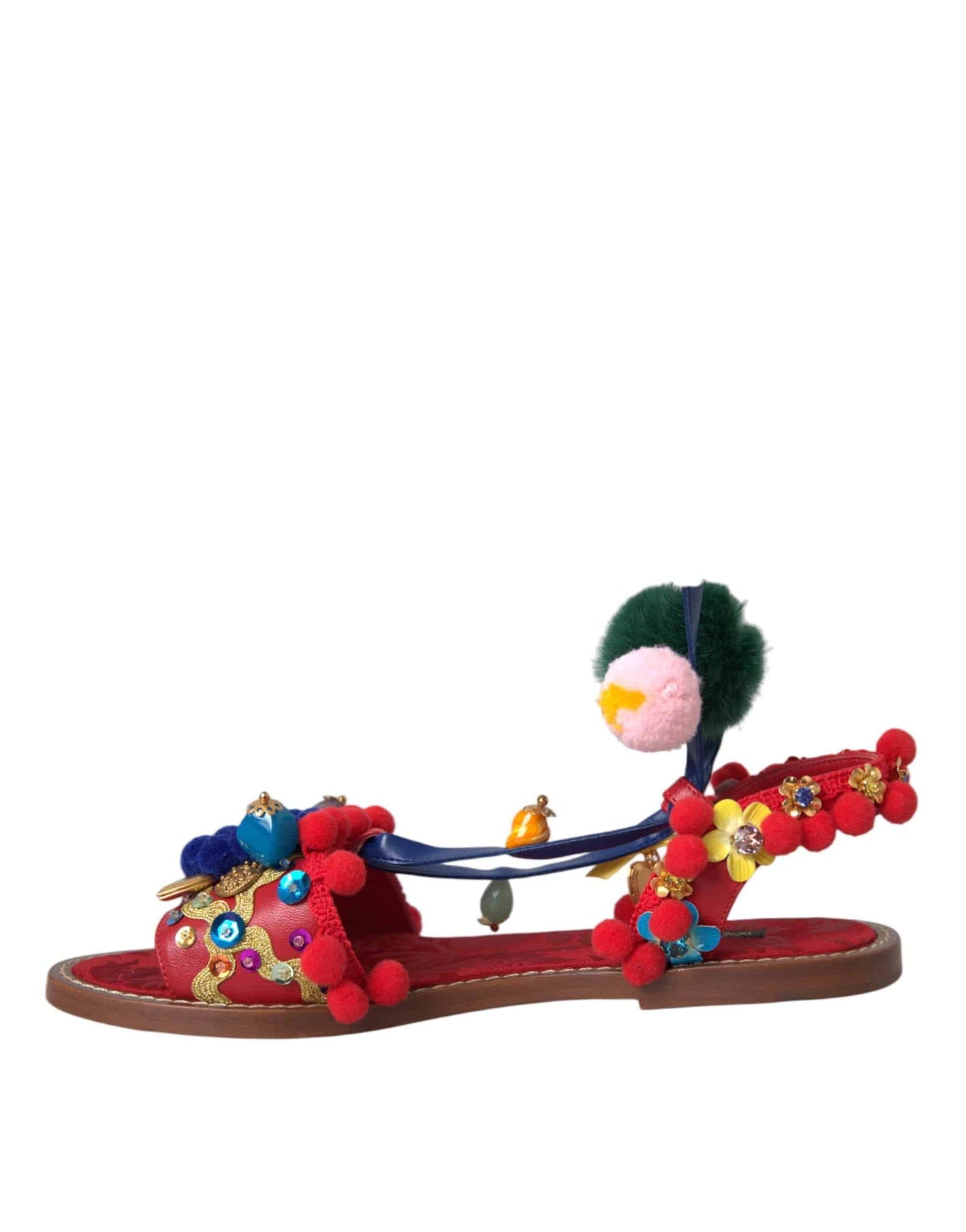 Dolce & Gabbana Multicolor Pom Pom Fur Wrap Sandals Shoes - ACCEXO