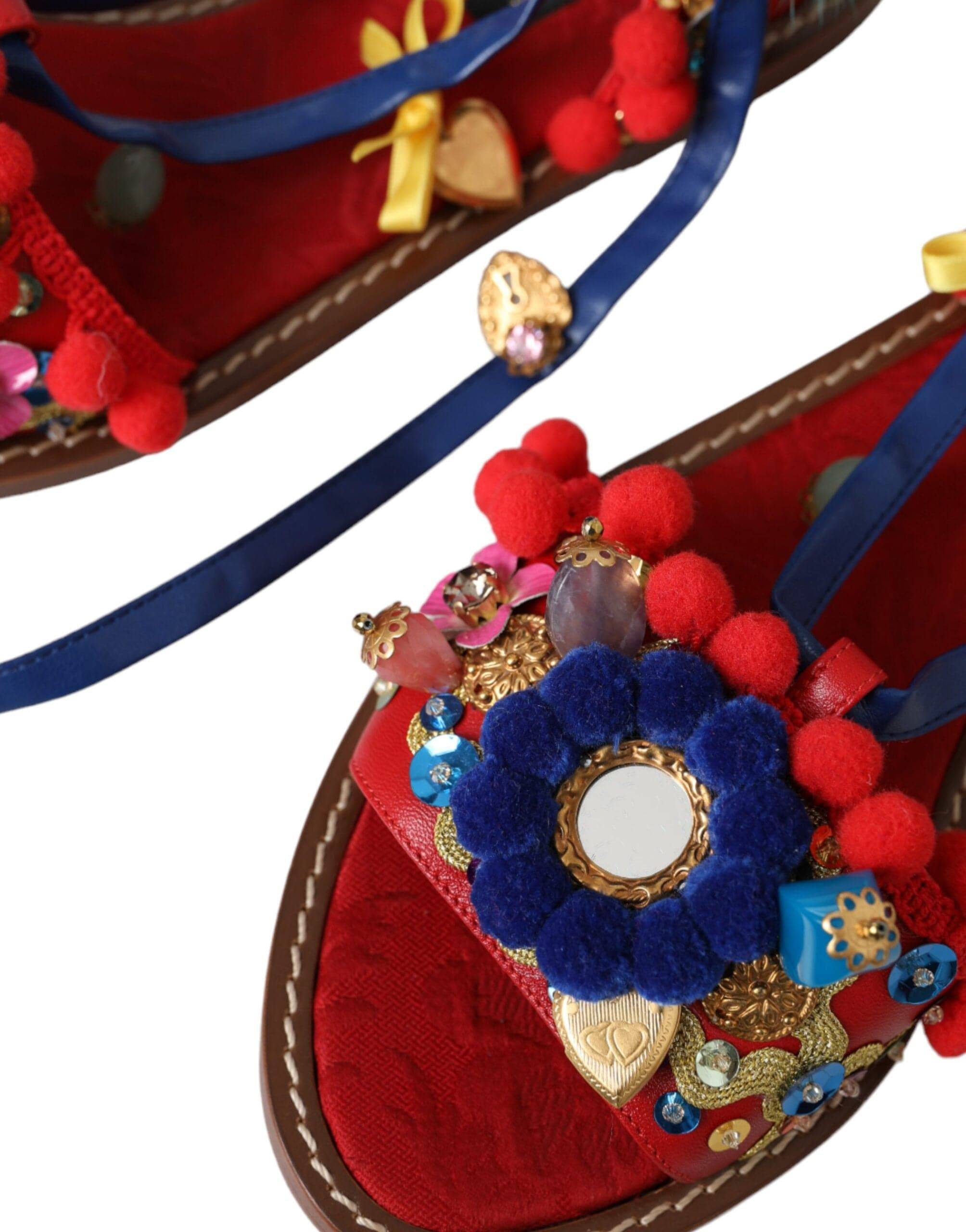 Dolce & Gabbana Multicolor Pom Pom Fur Wrap Sandals Shoes - ACCEXO