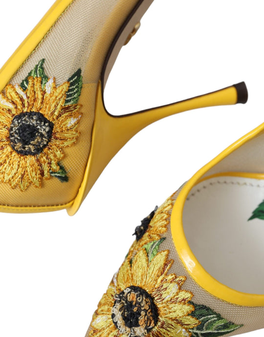 Dolce & Gabbana Yellow Sunflower Mesh Heels Pumps Shoes