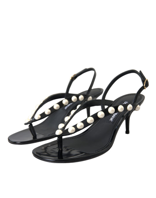 Dolce & Gabbana Black Leather Faux Pearl Heel Sandals Shoes