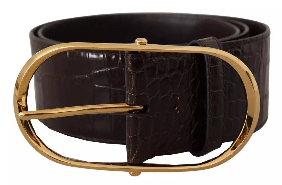 Dolce & Gabbana Brown Crocodile Pattern Leather Gold Oval Buckle Belt - ACCEXO