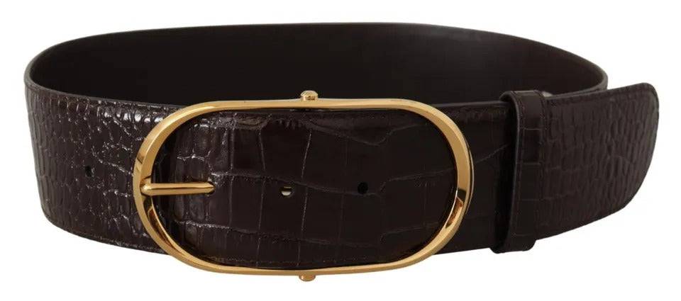 Dolce & Gabbana Brown Crocodile Pattern Leather Gold Oval Buckle Belt - ACCEXO