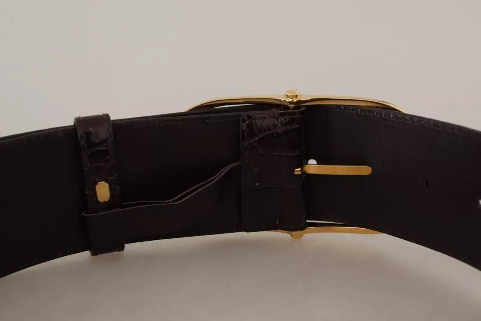 Dolce & Gabbana Brown Crocodile Pattern Leather Gold Oval Buckle Belt - ACCEXO