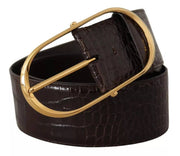 Dolce & Gabbana Brown Crocodile Pattern Leather Gold Oval Buckle Belt - ACCEXO