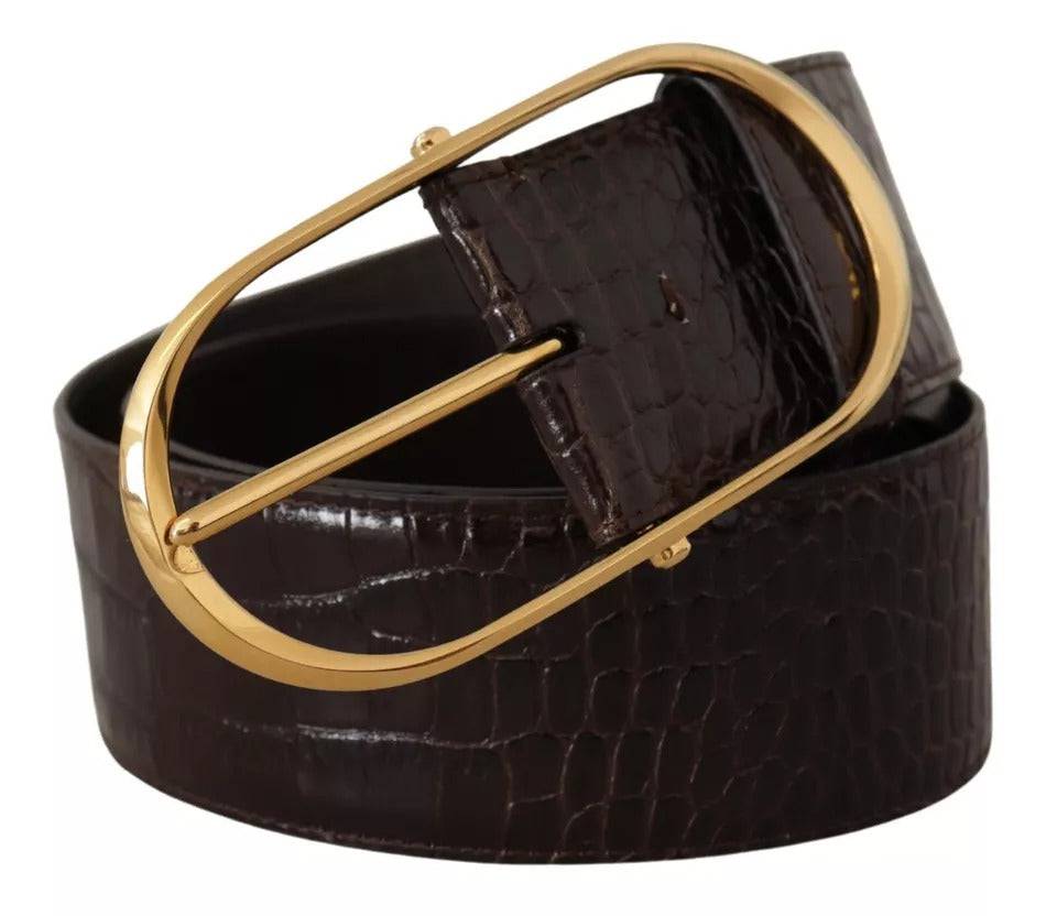 Dolce & Gabbana Brown Crocodile Pattern Leather Gold Oval Buckle Belt - ACCEXO