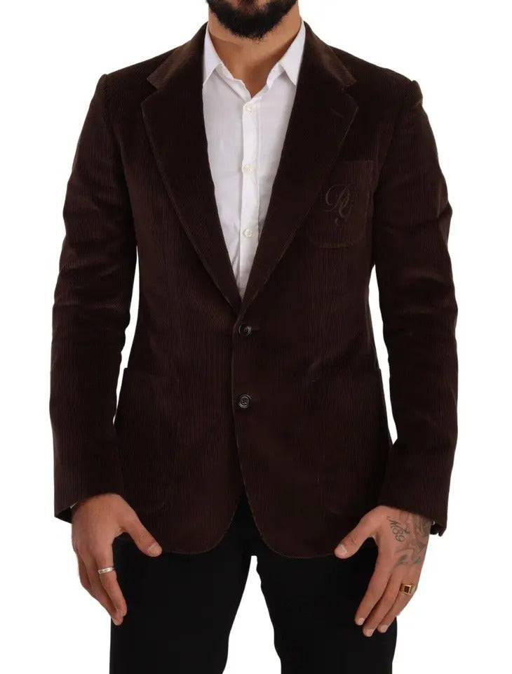 Dolce & Gabbana Brown Corduroy Slim Fit Coat DG Logo Blazer - ACCEXO