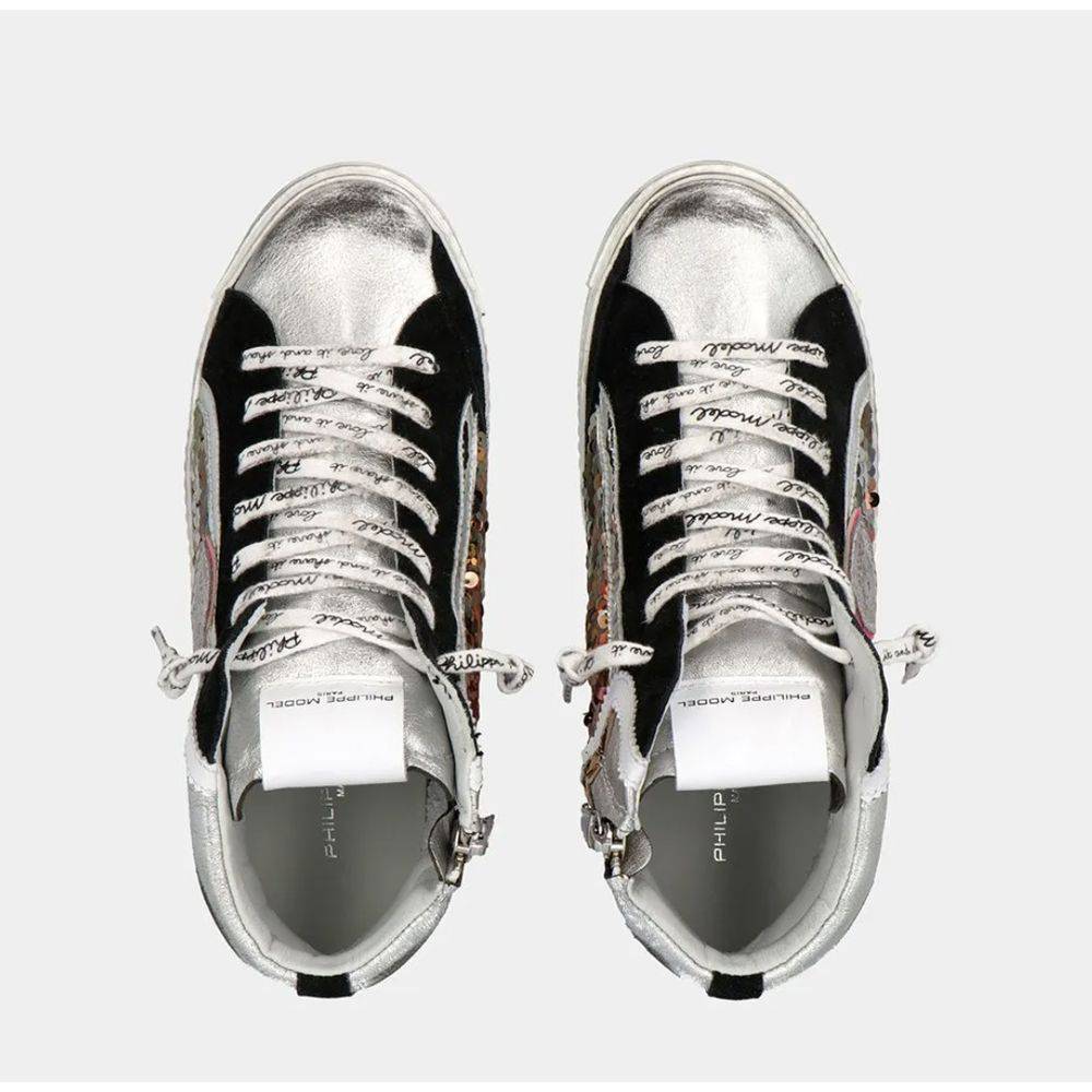 Philippe Model Elegant Gray Leather Sneakers with Sequin Details - EU36/US6