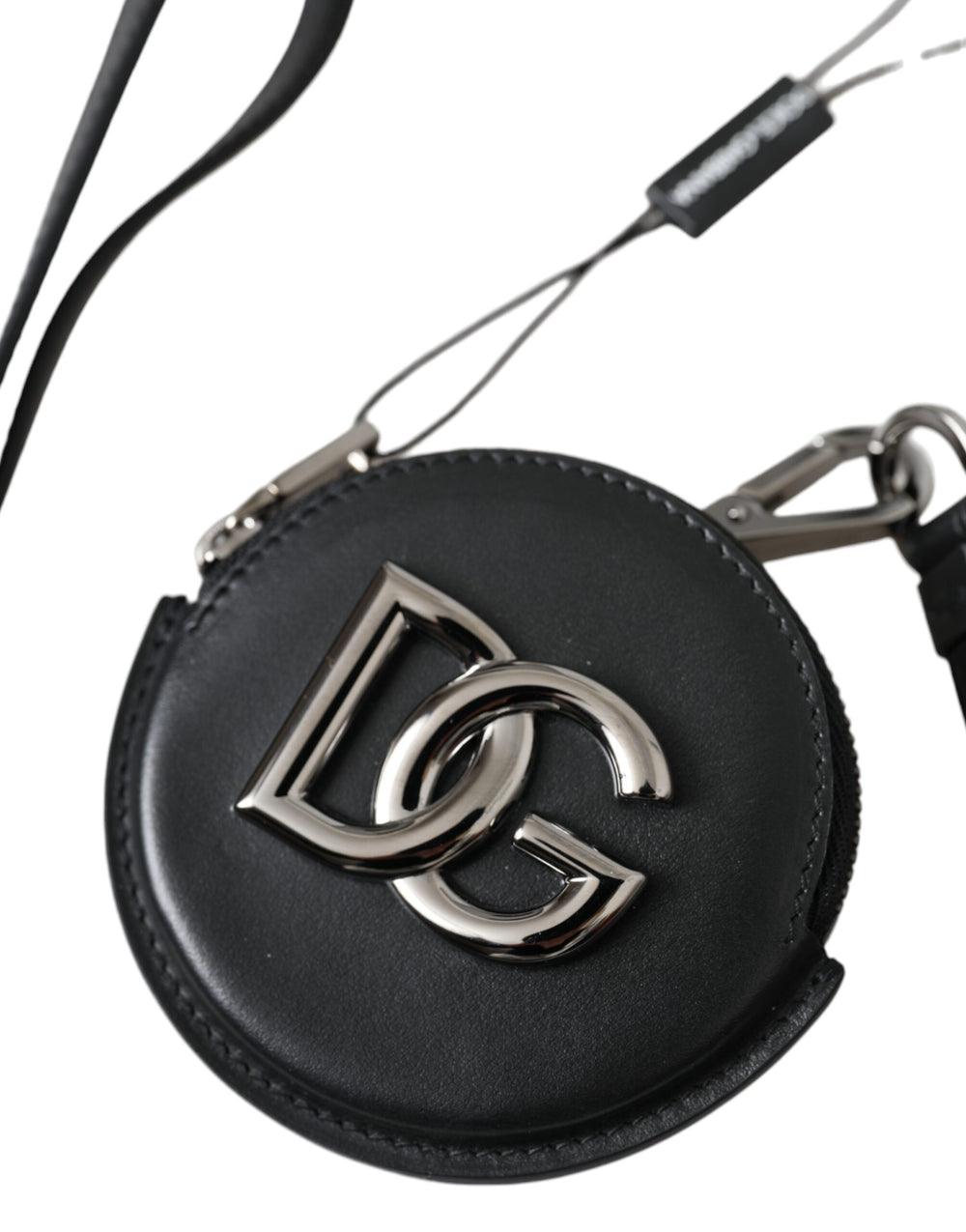 Dolce & Gabbana Black Round Leather DG Logo Coin Purse Lanyard Wallet