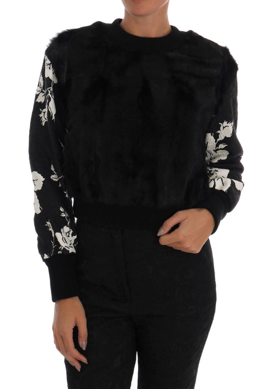 Dolce & Gabbana Floral Brocade Black Fur Sweater