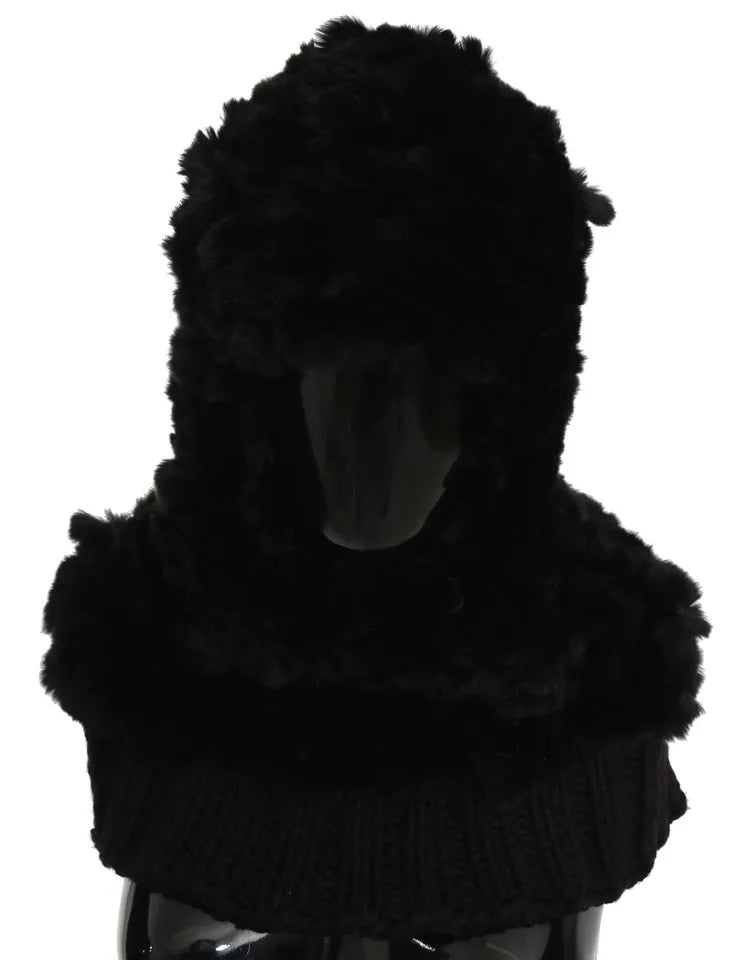 Dolce & Gabbana Black Silver Fox Fur Cashmere Hooded Scarf - ACCEXO