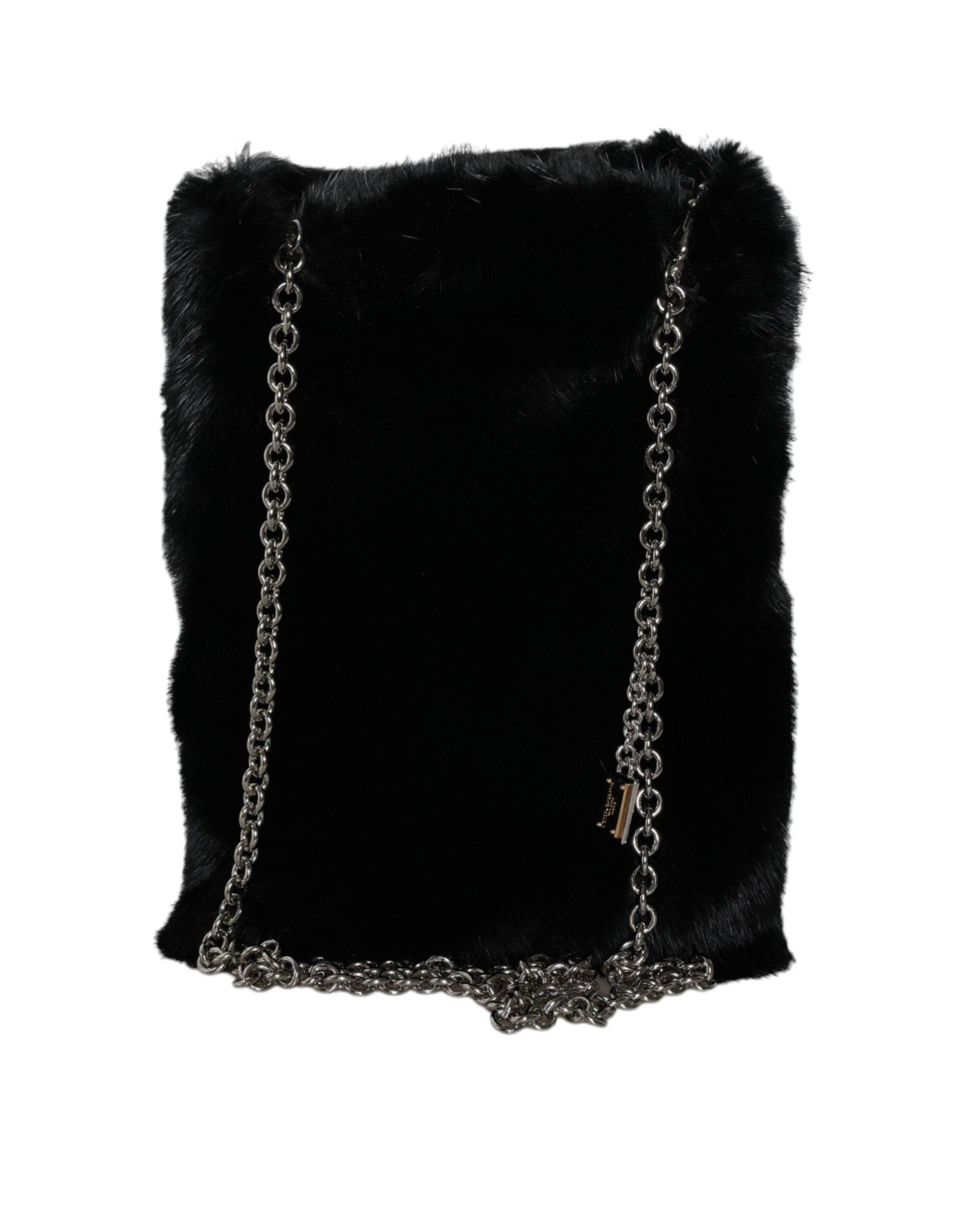 Dolce & Gabbana Black Faux Fur Silver Chain Crossbody Shoulder Purse Bag - ACCEXO