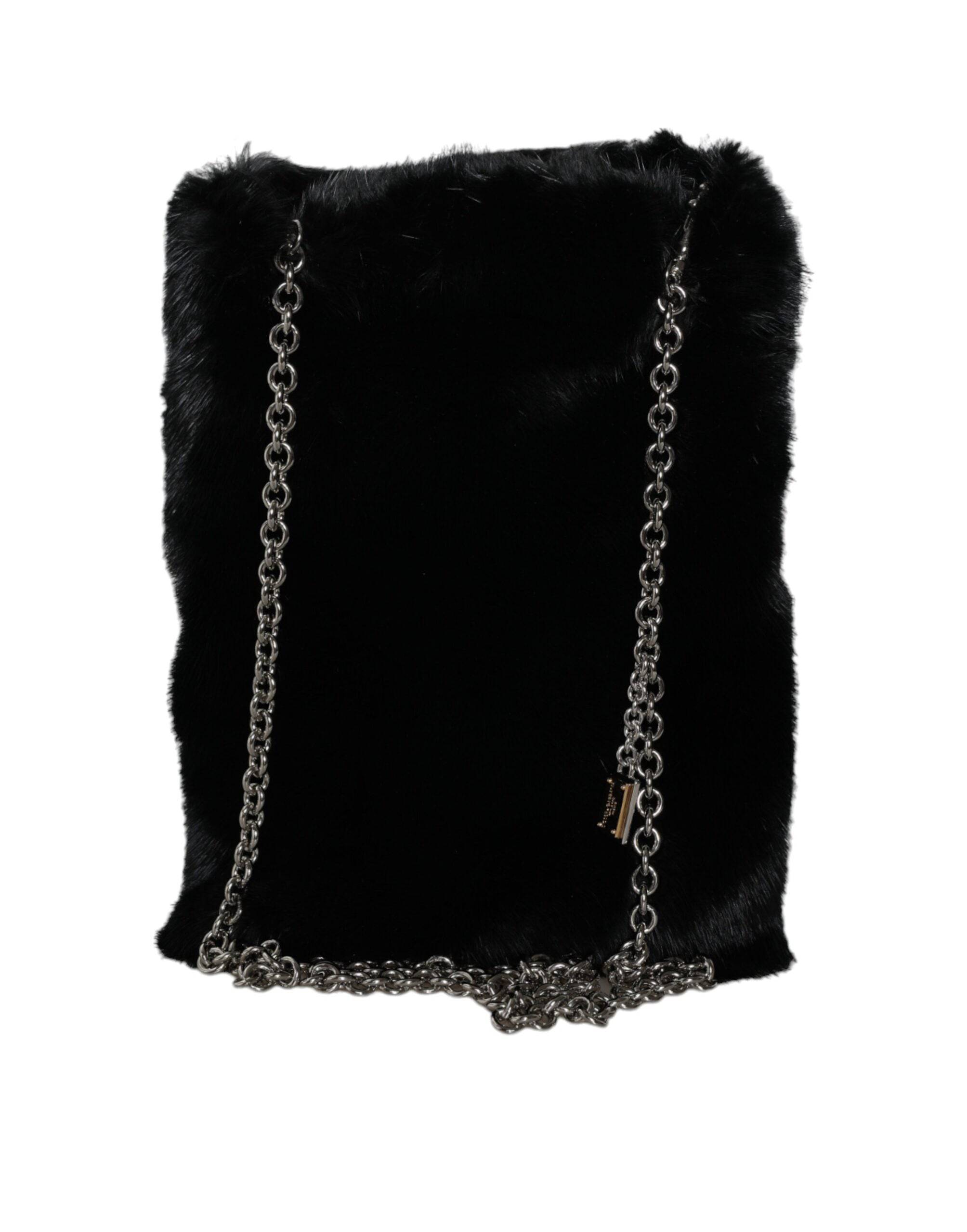 Dolce & Gabbana Black Faux Fur Silver Chain Crossbody Shoulder Purse Bag - ACCEXO