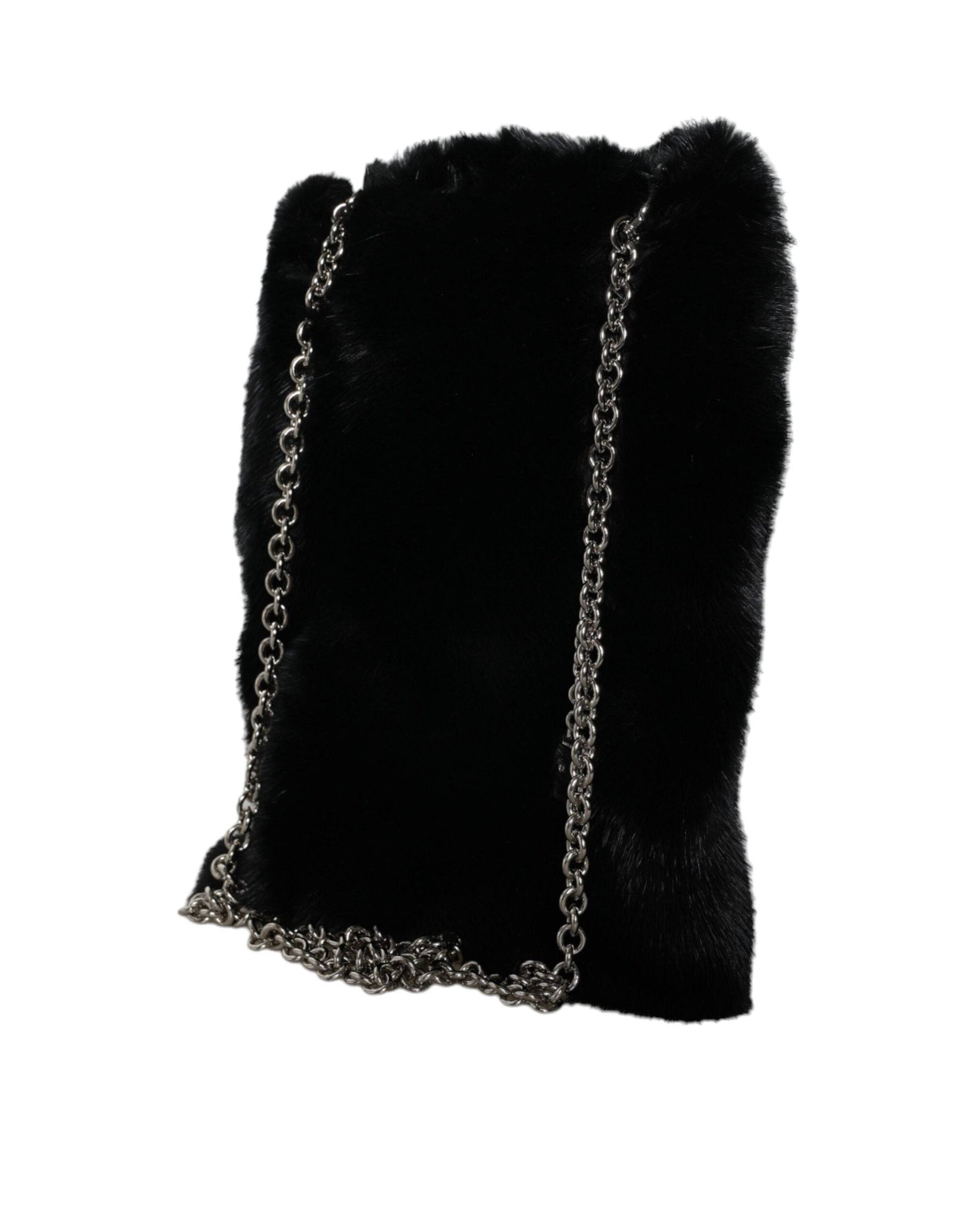 Dolce & Gabbana Black Faux Fur Silver Chain Crossbody Shoulder Purse Bag - ACCEXO
