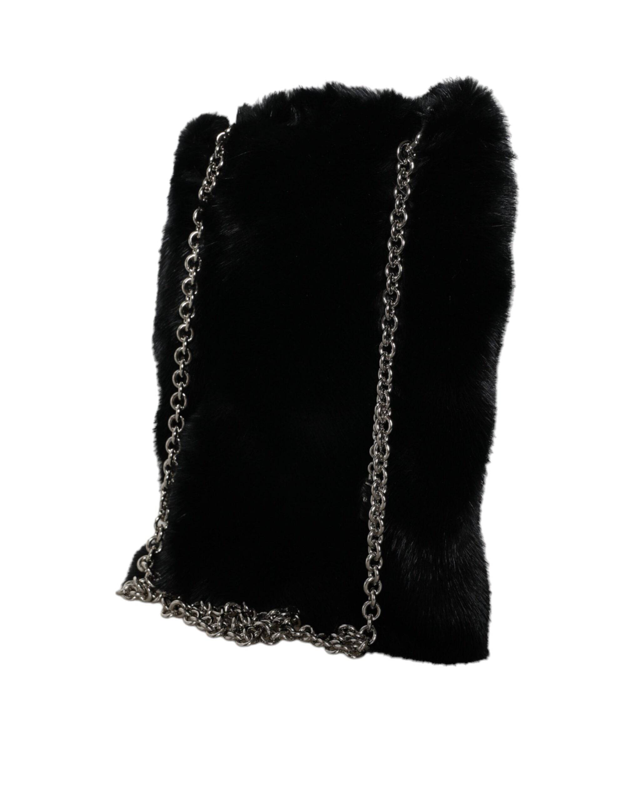 Dolce & Gabbana Black Faux Fur Silver Chain Crossbody Shoulder Purse Bag - ACCEXO