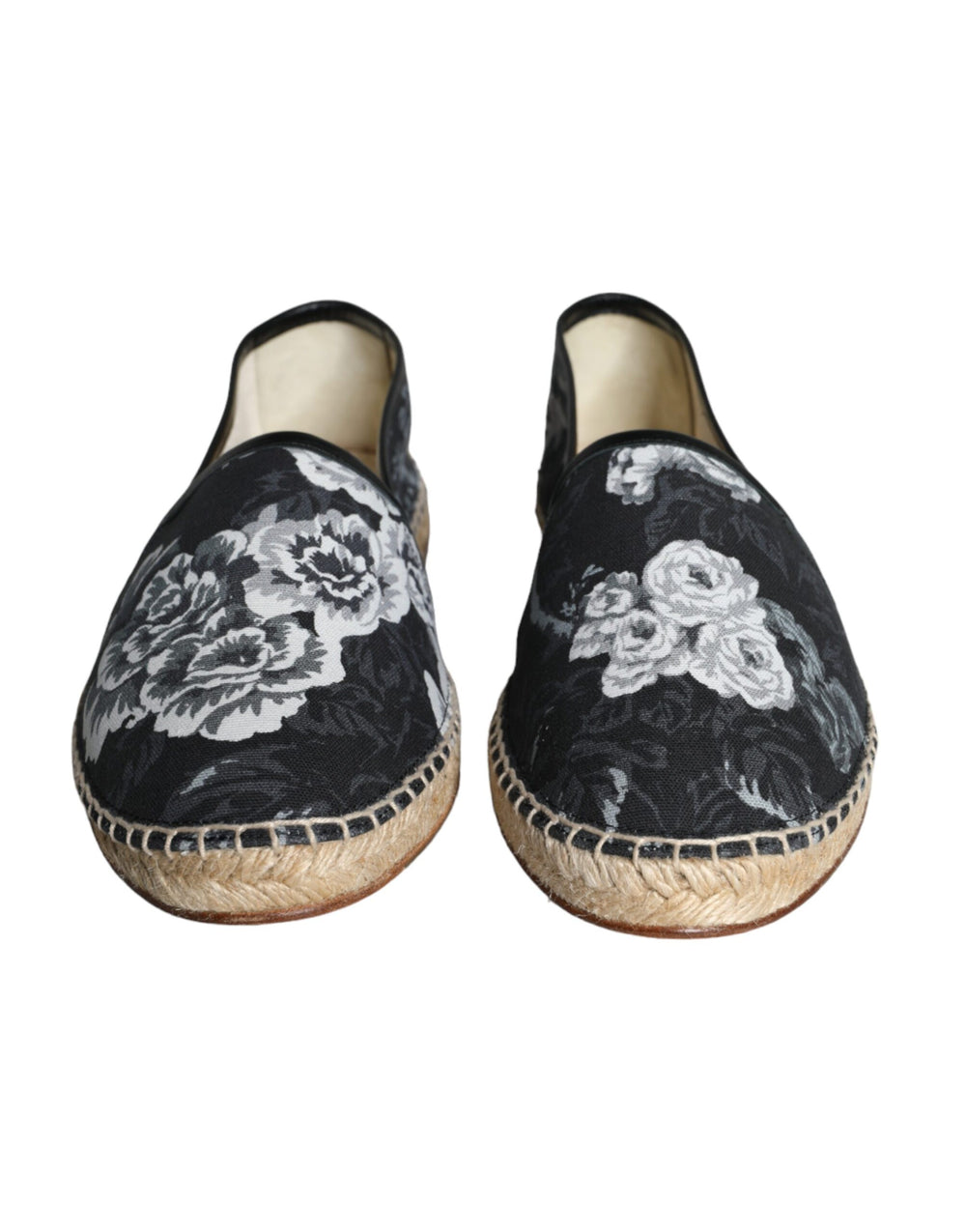 Dolce & Gabbana Black Floral Cotton Leather Espadrilles Shoes