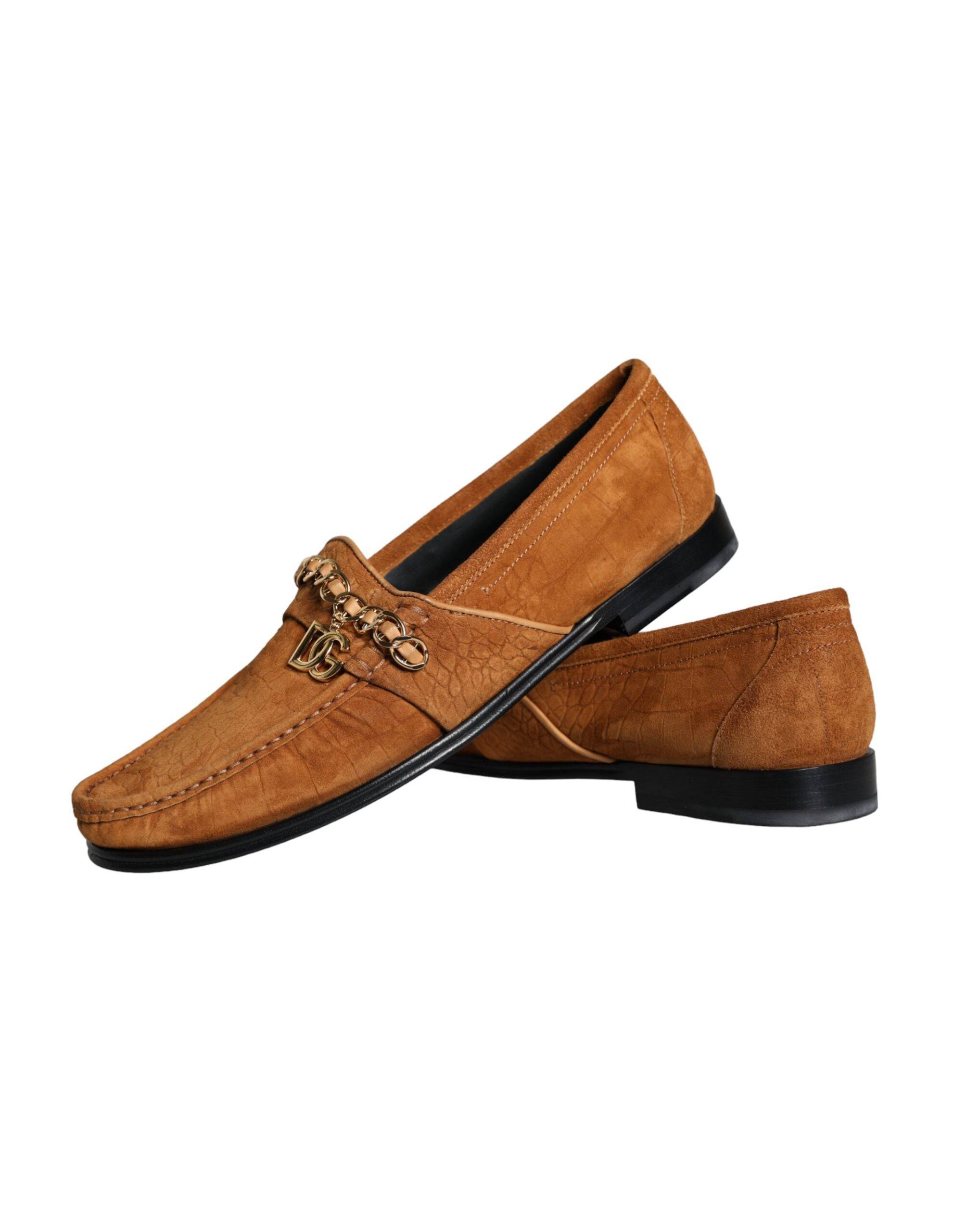 Dolce & Gabbana Brown Velvet Leather Logo Mocassin Slip On Shoes - ACCEXO