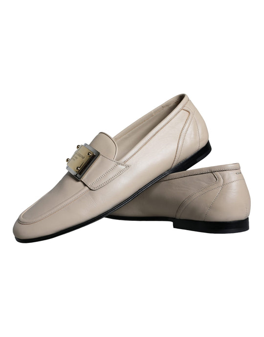 Dolce & Gabbana Beige Leather Logo Plaque Slip On Men Loafers Shoes